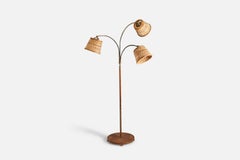 Swedish Designer, Floor Lamp, Wood, Brass, Wood Veneer, Rattan, Sweden, 1930s