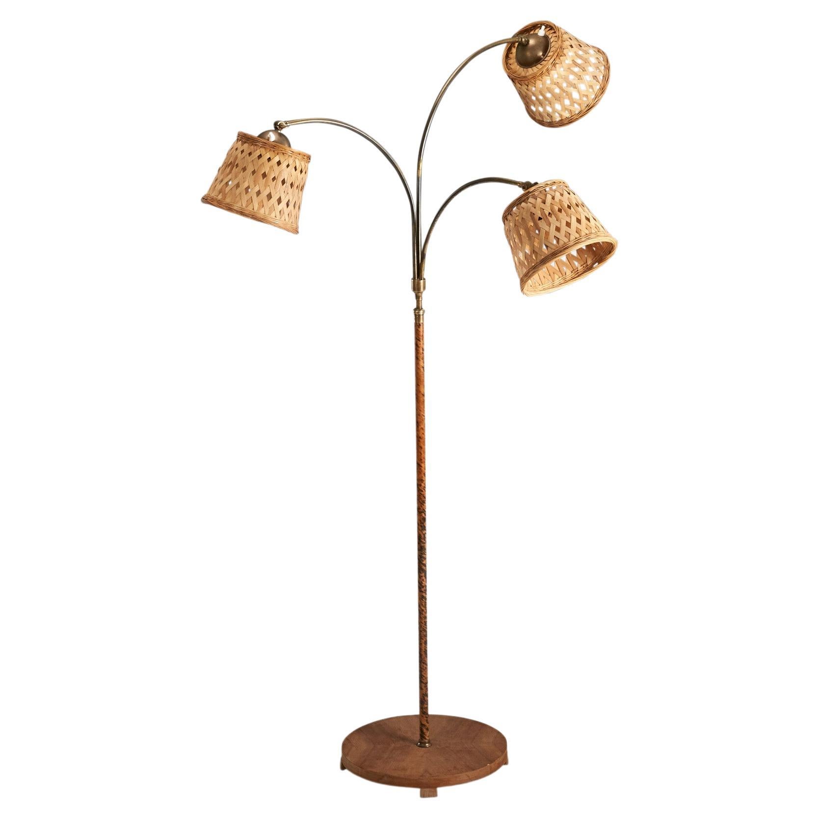 Swedish Designer, Floor Lamp, Wood, Brass, Wood Veneer, Rattan, Sweden, 1930s