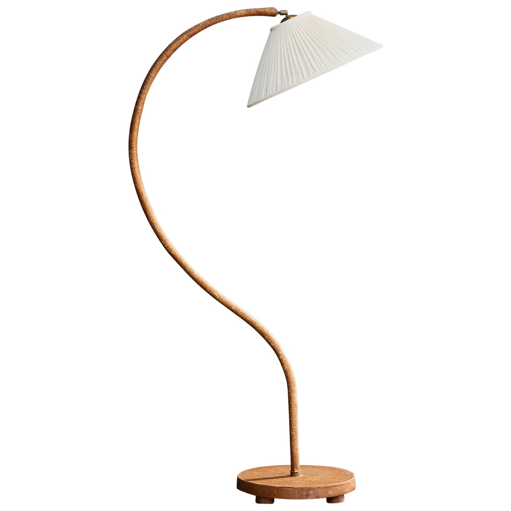 Swedish Designer, Floor Lamp, Wood, Cord, Fabric, Sweden, 1930s