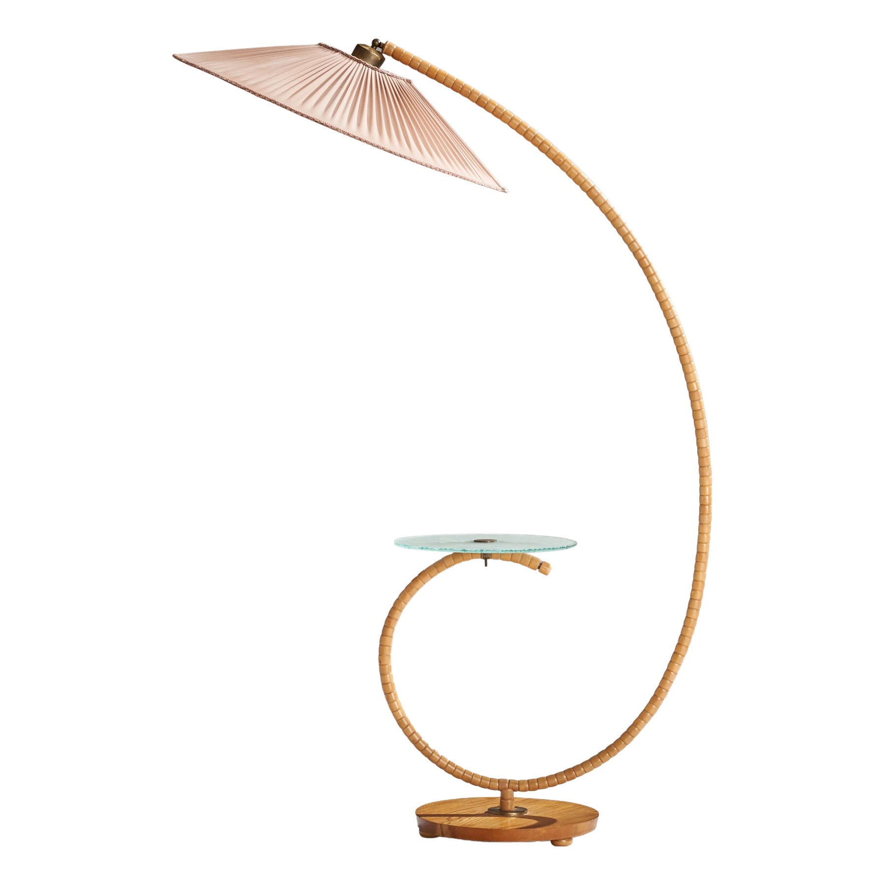 Designer suédois, lampadaire, bois, tissu, verre, laiton, Suède, 1930