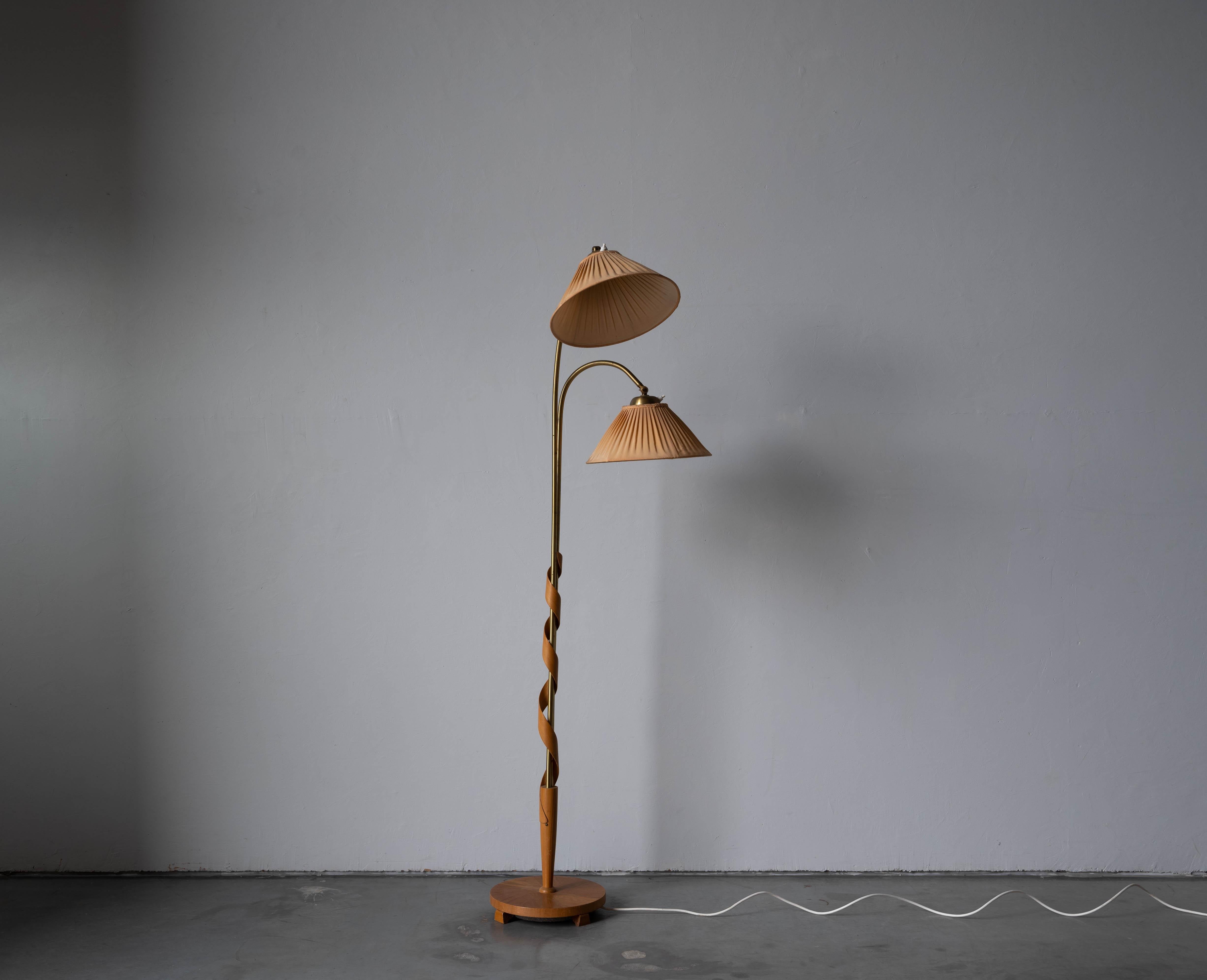 Scandinavian Modern Swedish Designer, Floor Lamp, Wood, Fabric, Sweden, 1930s