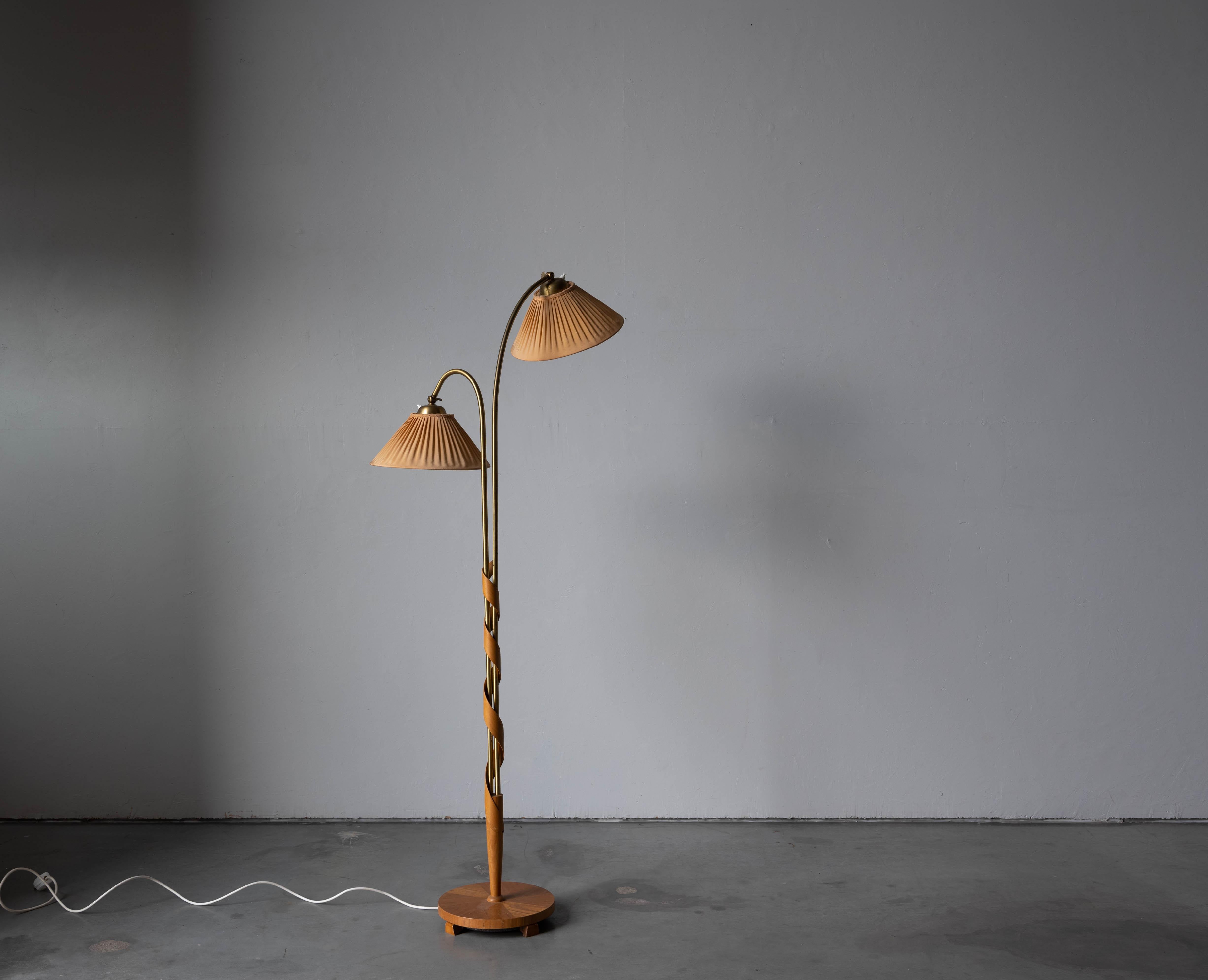 Swedish Designer, Floor Lamp, Wood, Fabric, Sweden, 1930s In Good Condition In High Point, NC