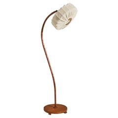 Vintage Swedish Designer, Floor Lamp, Wood, Fabric, Sweden, 1940s