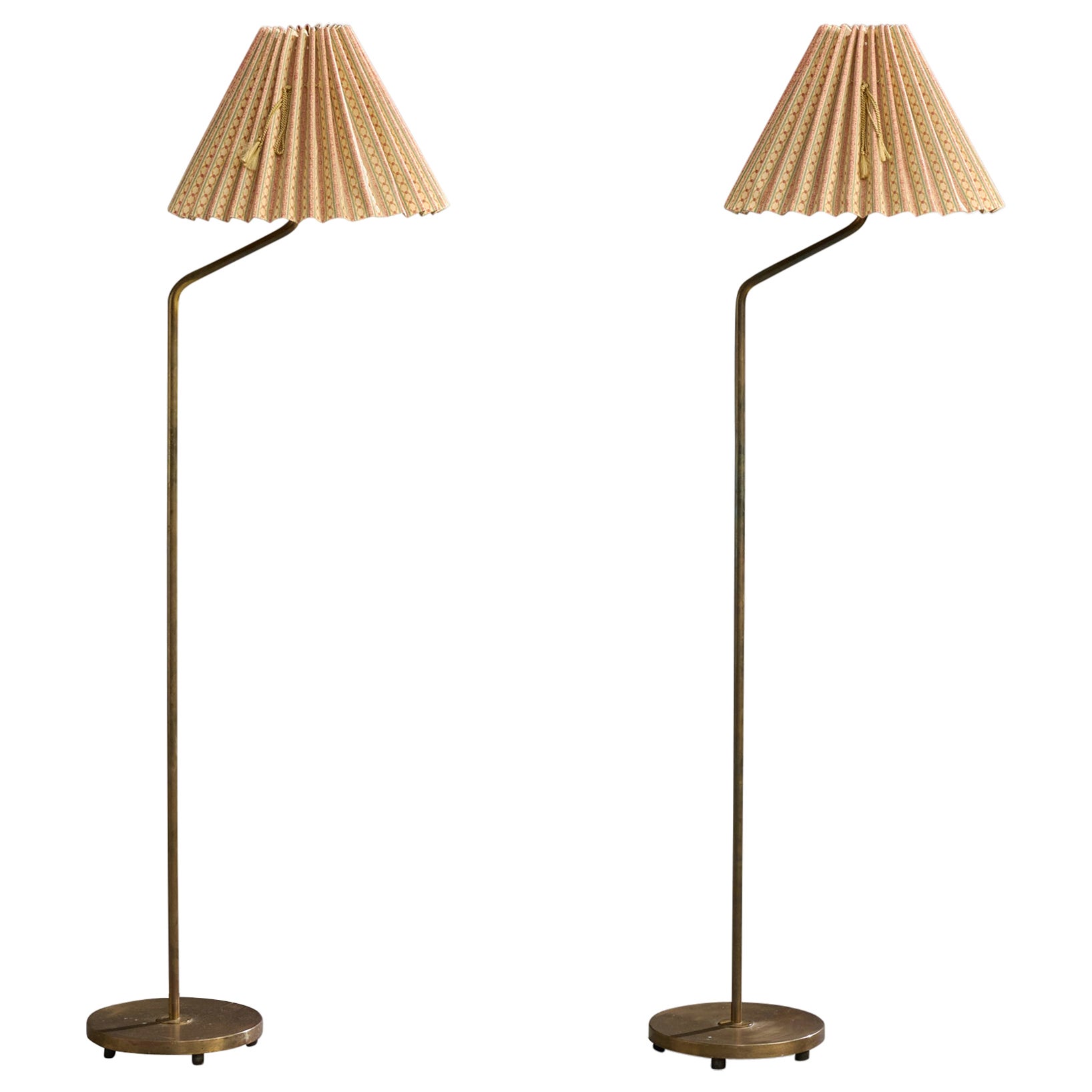 Swedish Designer, Floor Lamps, Brass, Fabric, Sweden, 1950s