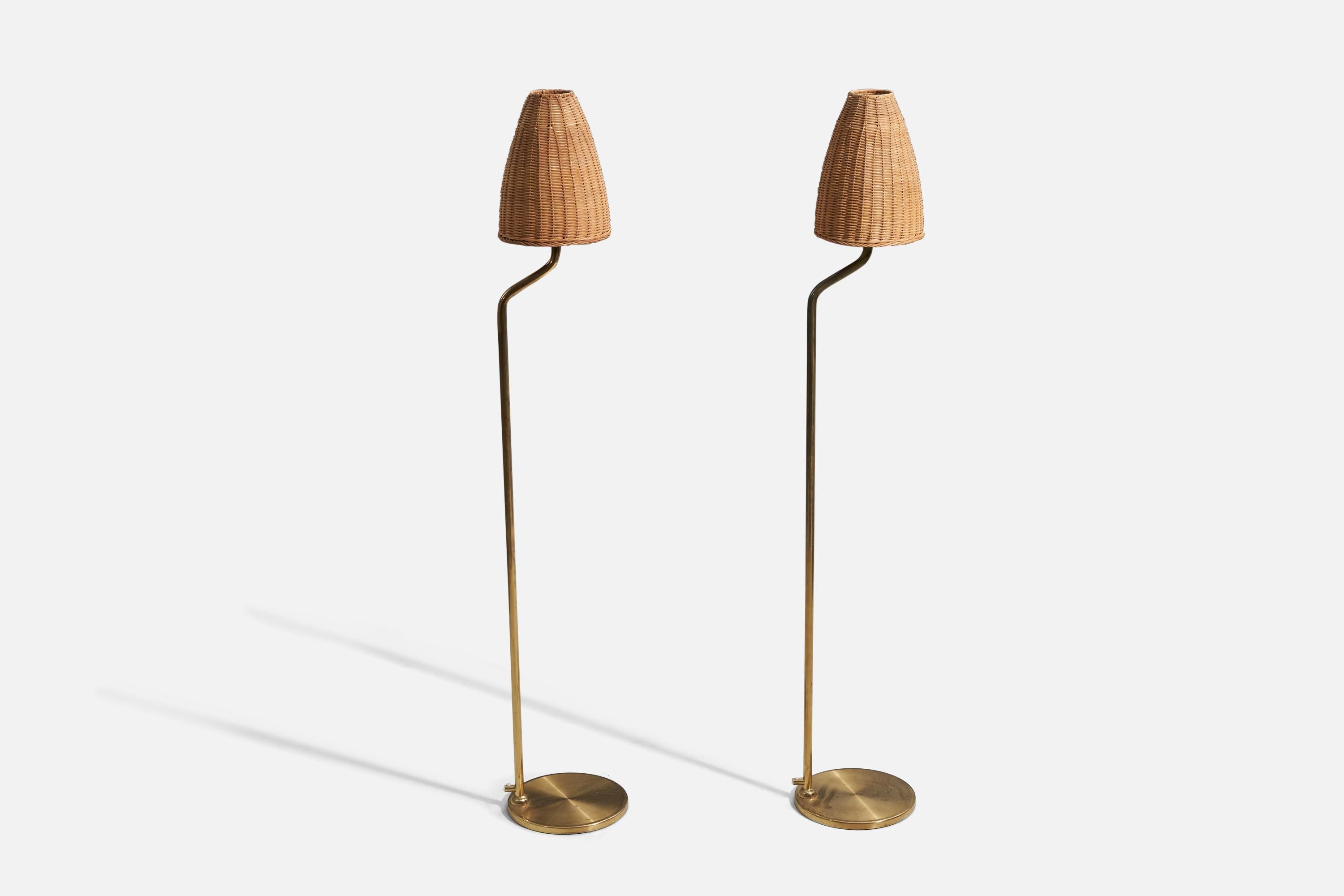 Mid-Century Modern Swedish Designer, Floor Lamps, Brass, Rattan, Sweden, 1960s