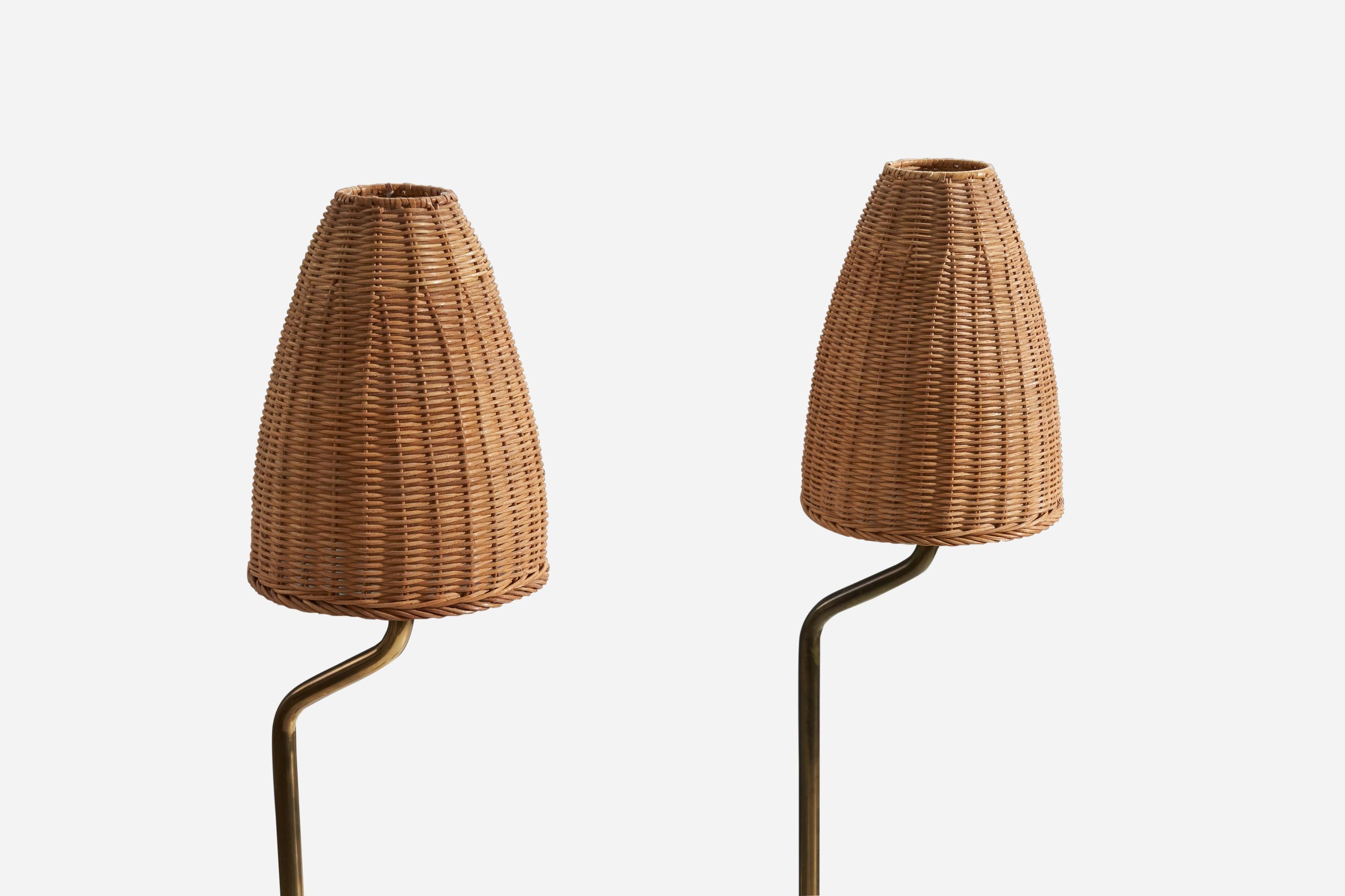 Swedish Designer, Floor Lamps, Brass, Rattan, Sweden, 1960s In Good Condition In High Point, NC