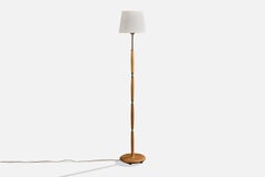 Swedish Designer, Floor Lamps, Oak, Brass, Fabric, Sweden, 1950s