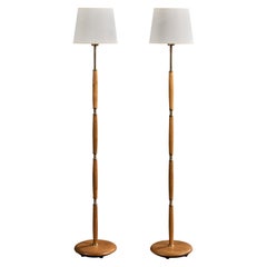 Swedish Designer, Floor Lamps, Oak, Brass, Fabric, Sweden, 1950s