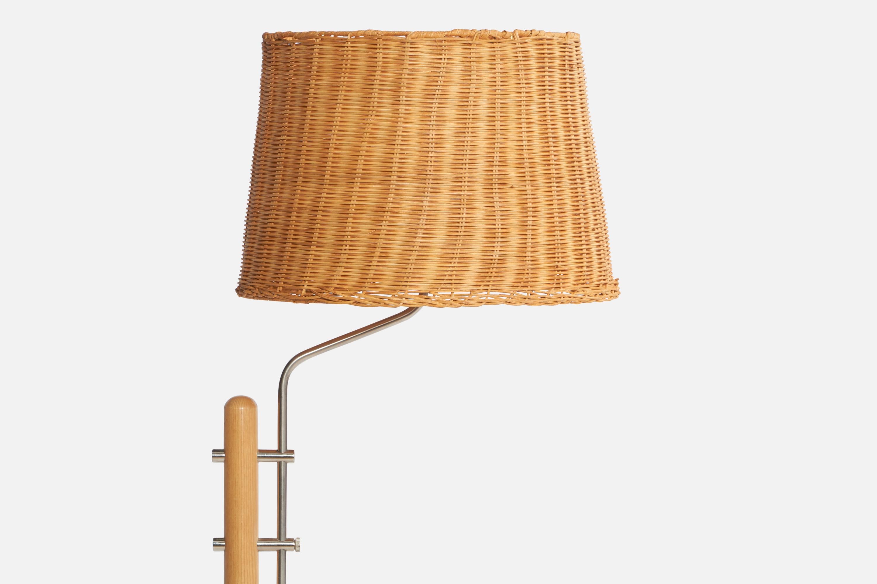 Swedish Designer, Floor Lamps, Oak, Steel, Rattan, Sweden, 1970s For Sale 1