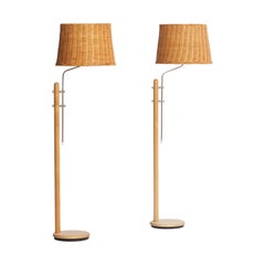 Swedish Designer, Floor Lamps, Oak, Steel, Rattan, Sweden, 1970s