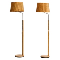 Swedish Designer, Floor Lamps, Oak, Steel, Rattan, Sweden, 1970s