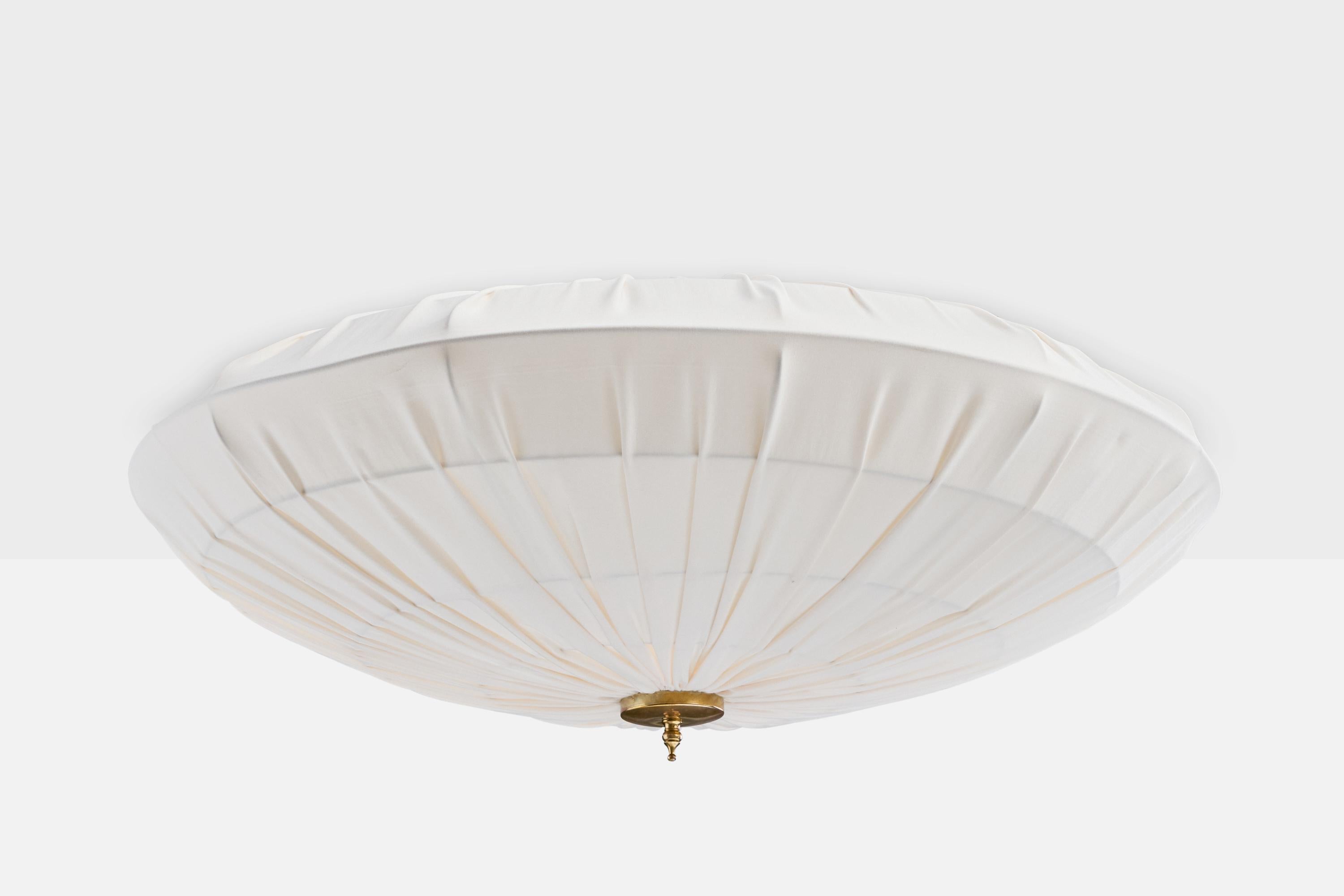A brass and white fabric flush mount or pendant designed and produced in Sweden, c. 1960s.

Overall Dimensions (inches): 10.5