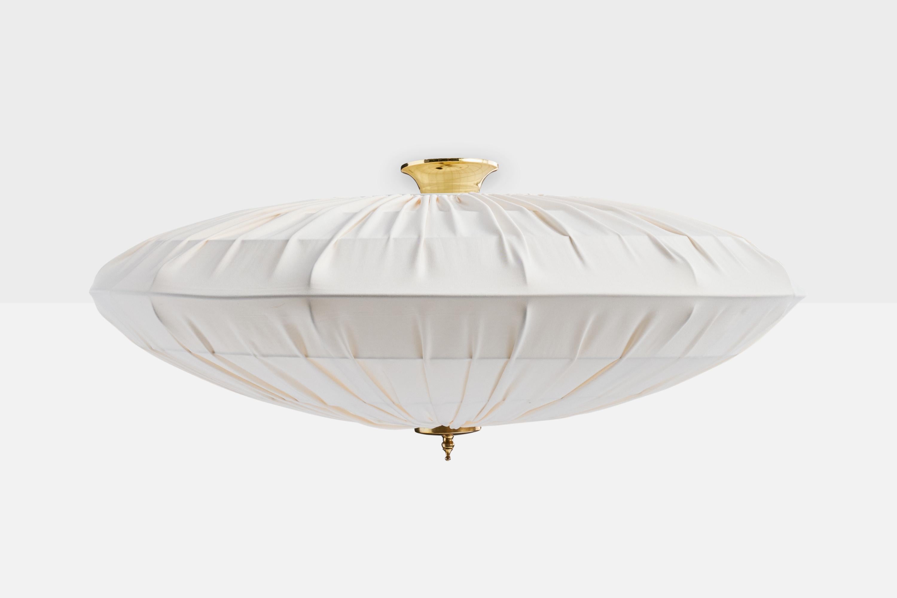 Mid-Century Modern Swedish Designer, Flush Mount, Brass, Fabric, Sweden, 1960s For Sale