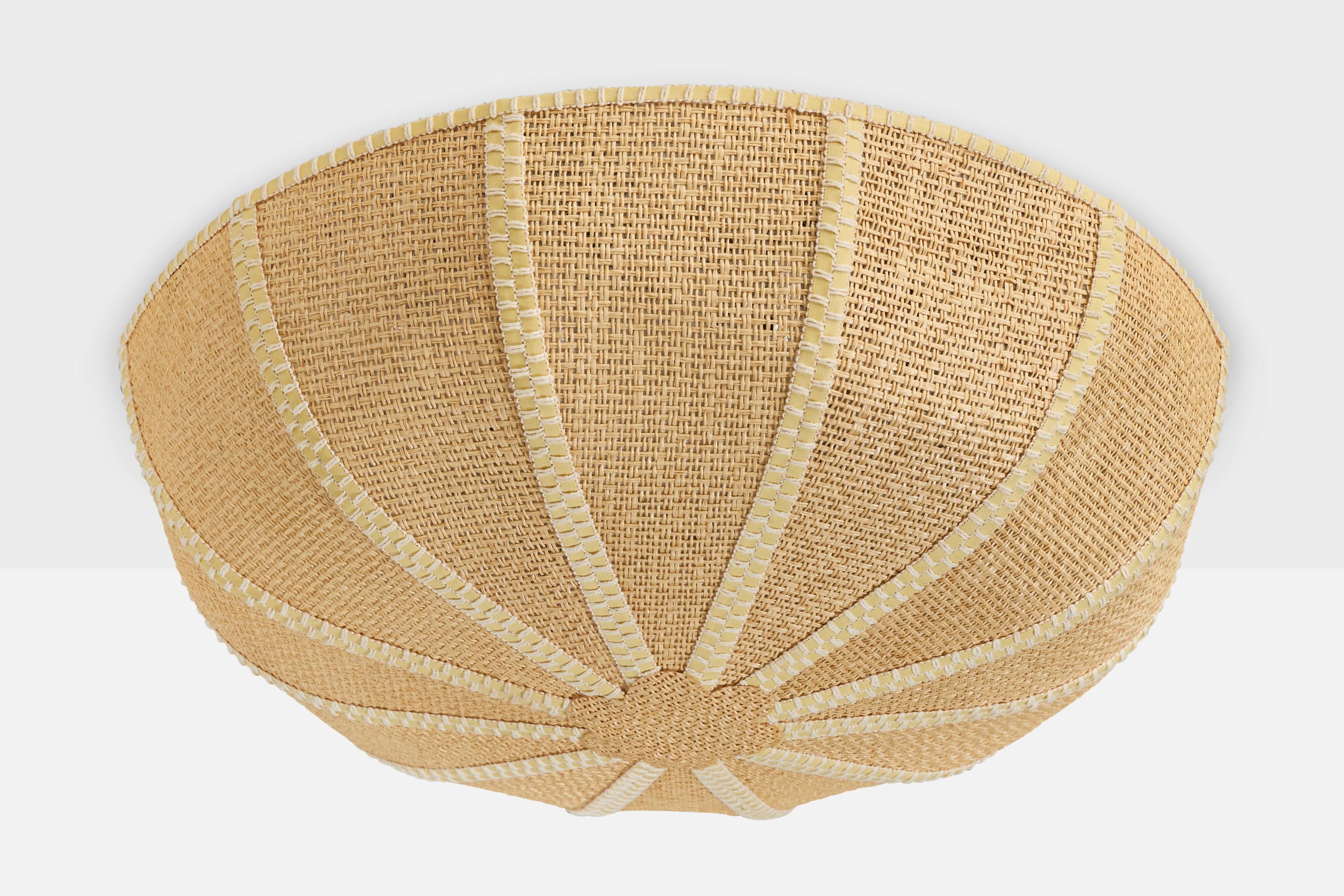 A beige burlap flush mount designed and produced in Sweden, c. 1970s.

Overall Dimensions (inches): 6.25