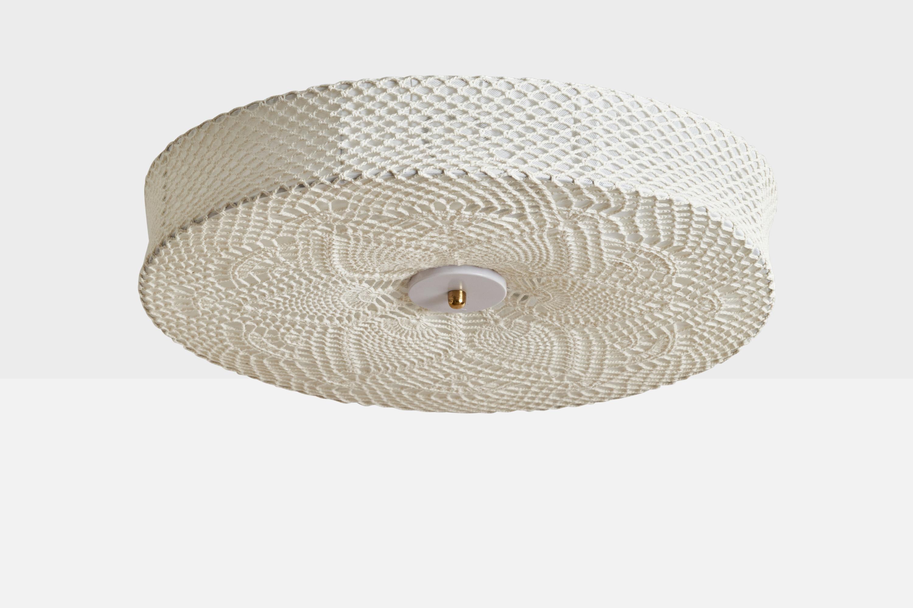 An embroidery fabric, metal and brass wall light designed and produced in Sweden, 1960s.

Dimensions of canopy (inches): 4.5” H x 4” Diameter
Socket takes standard E-26 bulbs. 3 sockets.There is no maximum wattage stated on the fixture. All lighting