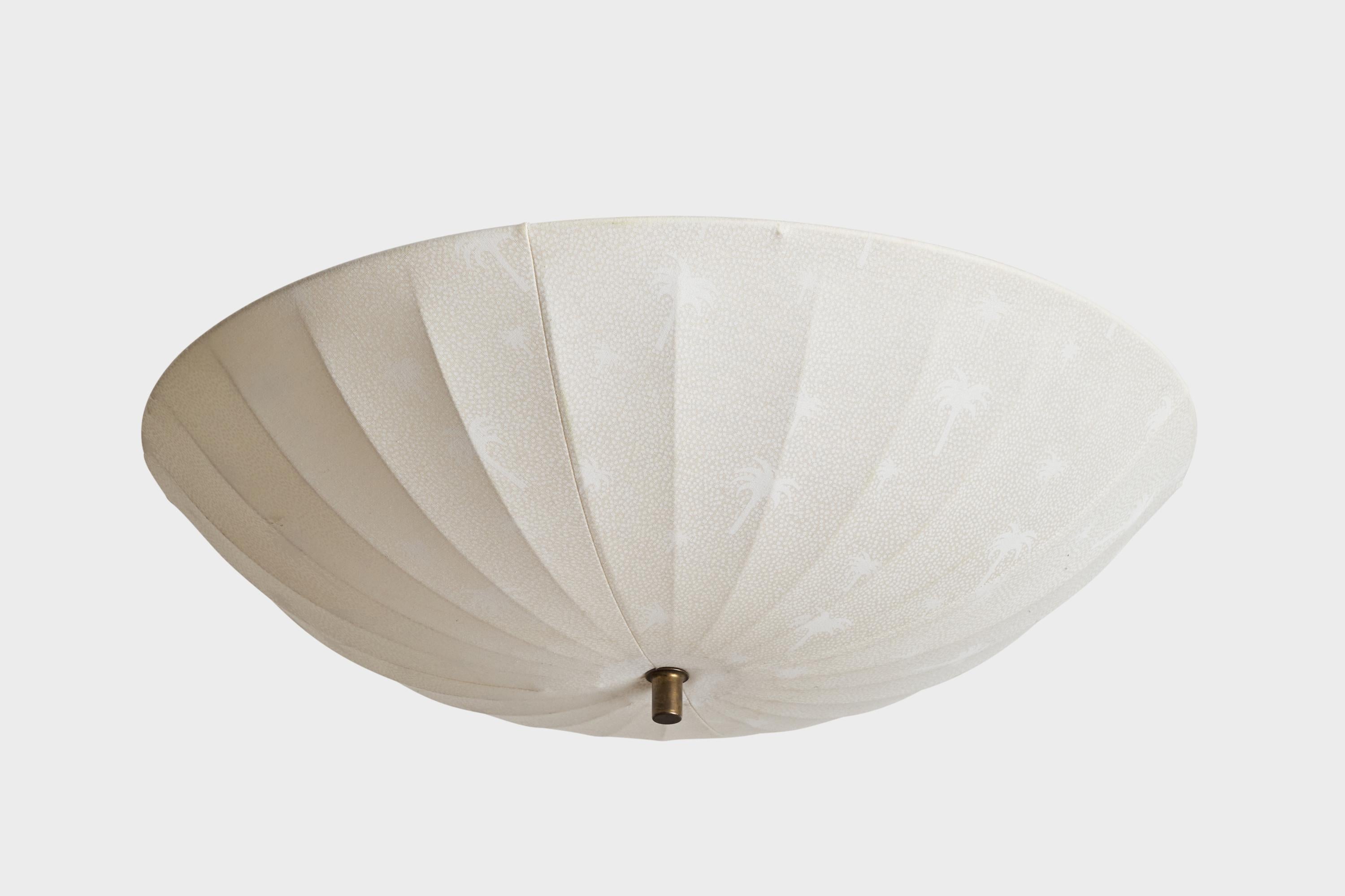 An off-white printed fabric and brass flush mount designed and produced in Sweden, c. 1970s.

Dimensions of canopy (inches): N/A
Socket takes standard E-26 bulbs. 2 sockets.There is no maximum wattage stated on the fixture. All lighting will be