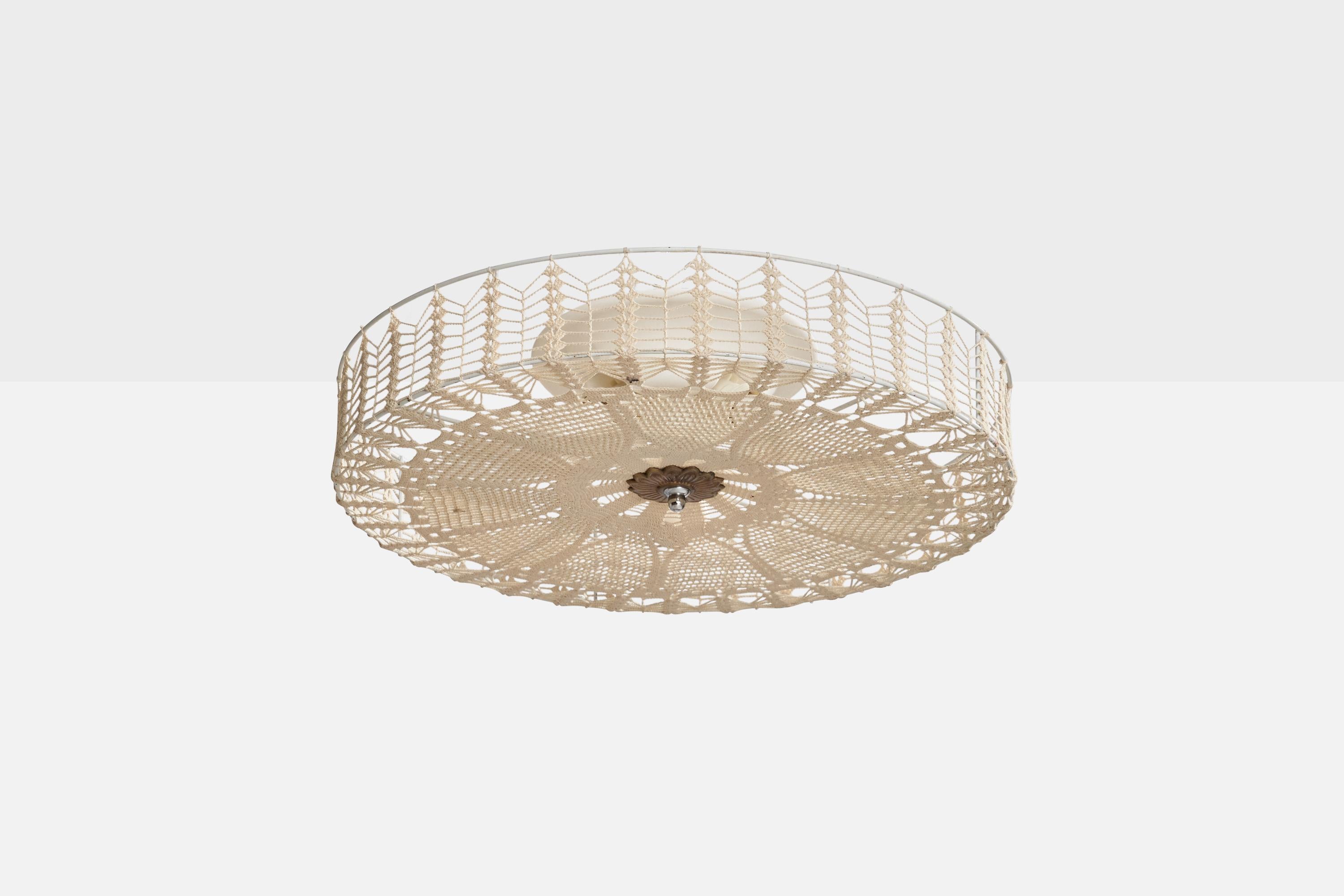 A metal, brass and hand-embroidered fabric flush mount designed and produced in Sweden, c. 1960s.

Dimensions of canopy (inches): 8.5” H x 5” Diameter
Socket takes standard E-26 bulbs. 3 socket.There is no maximum wattage stated on the fixture. All