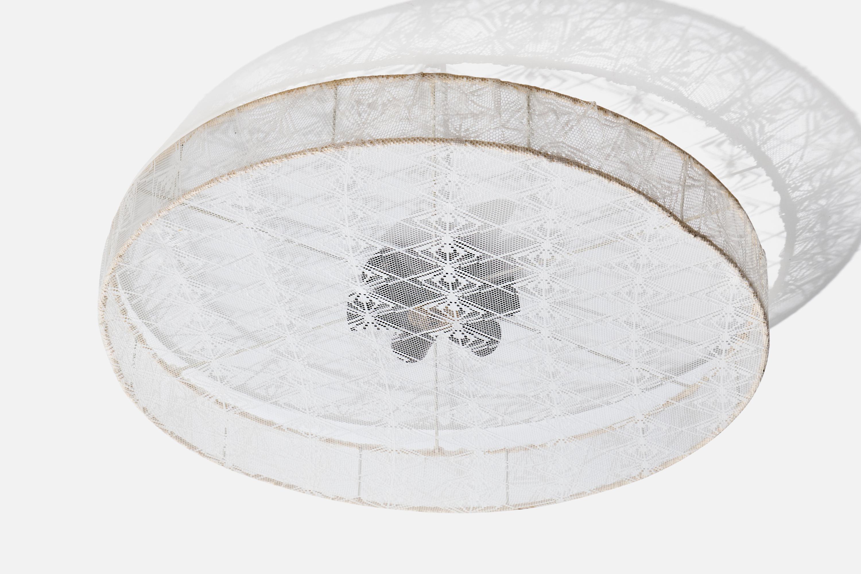 A metal and embroidery fabric flush mount designed and produced in Sweden, c. 1960s.

Overall Dimensions (inches): 3.75