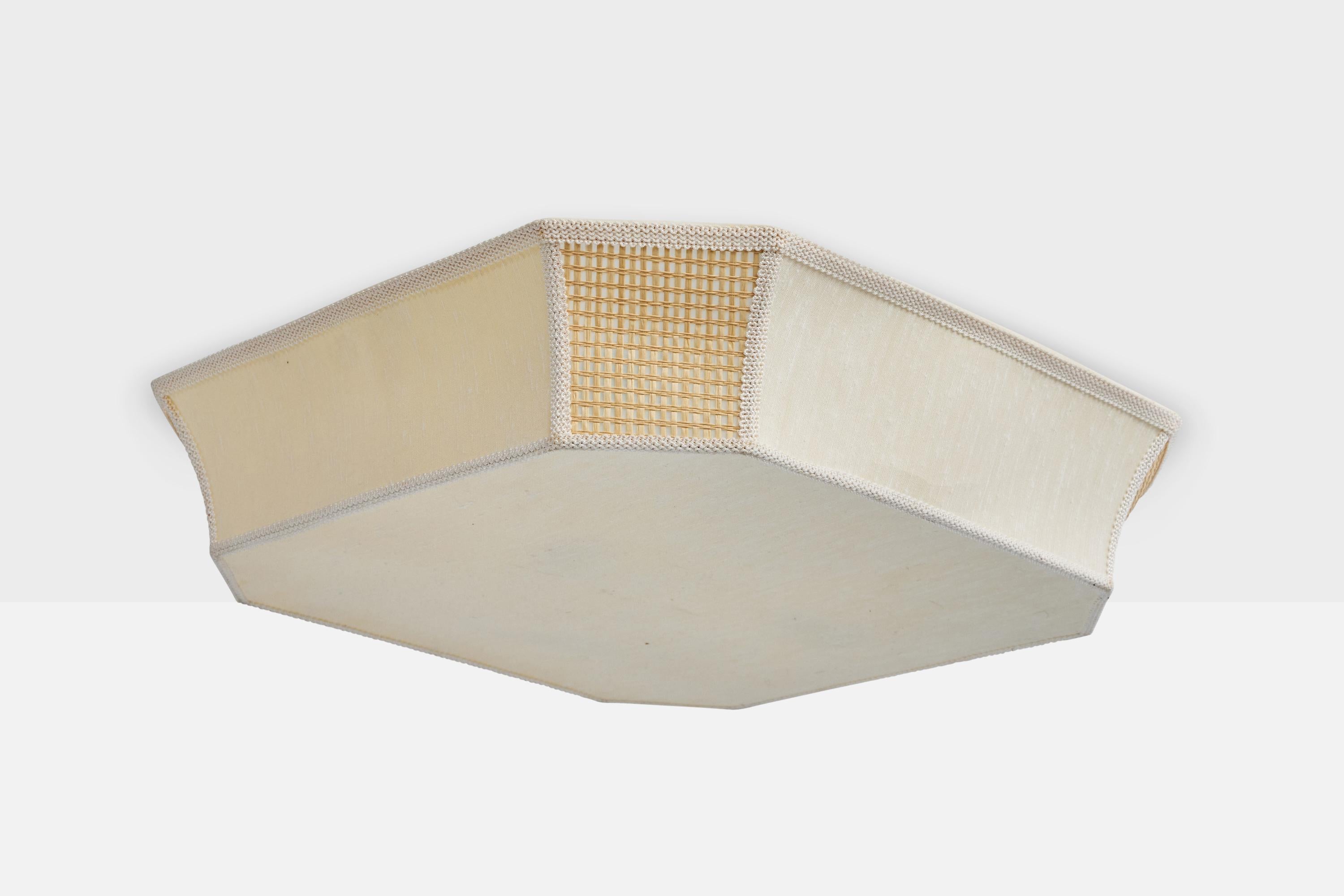 An off-white fabric and beige raffia flush mount designed and produced in Sweden, c. 1970s.

Overall Dimensions (inches): 6.5