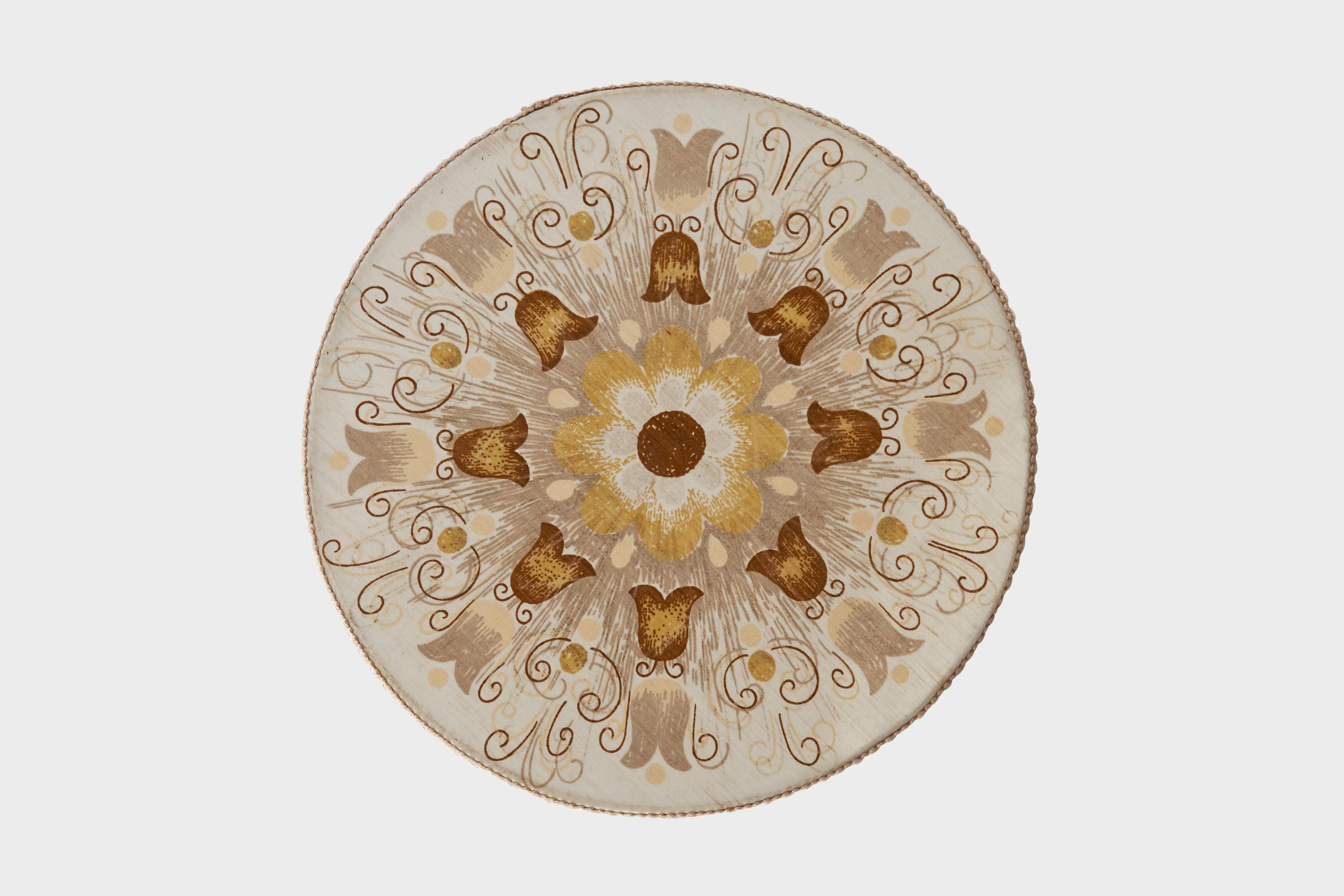 An off-white floral printed fabric flush mount designed and produced in Sweden, c. 1950s.

Overall Dimensions (inches): 8” H x 15.5” Diameter

Bulb Specification: E-26

Number of Sockets (per fixture): 1

All lighting will be converted for US usage.
