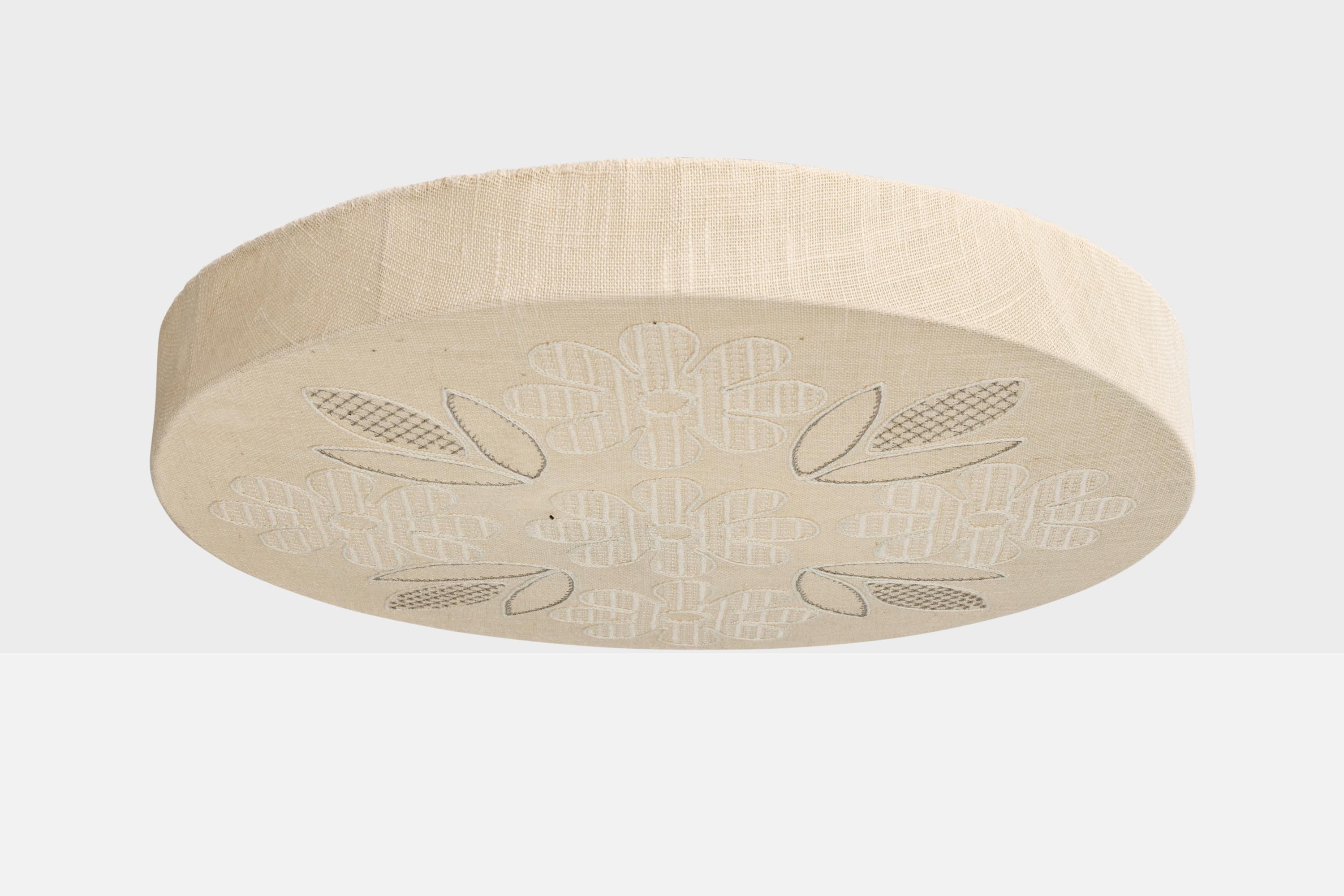 An beige embroidery fabric flush mount with floral motifs designed and produced in Sweden, c. 1950s.

Overall Dimensions (inches): 4.5