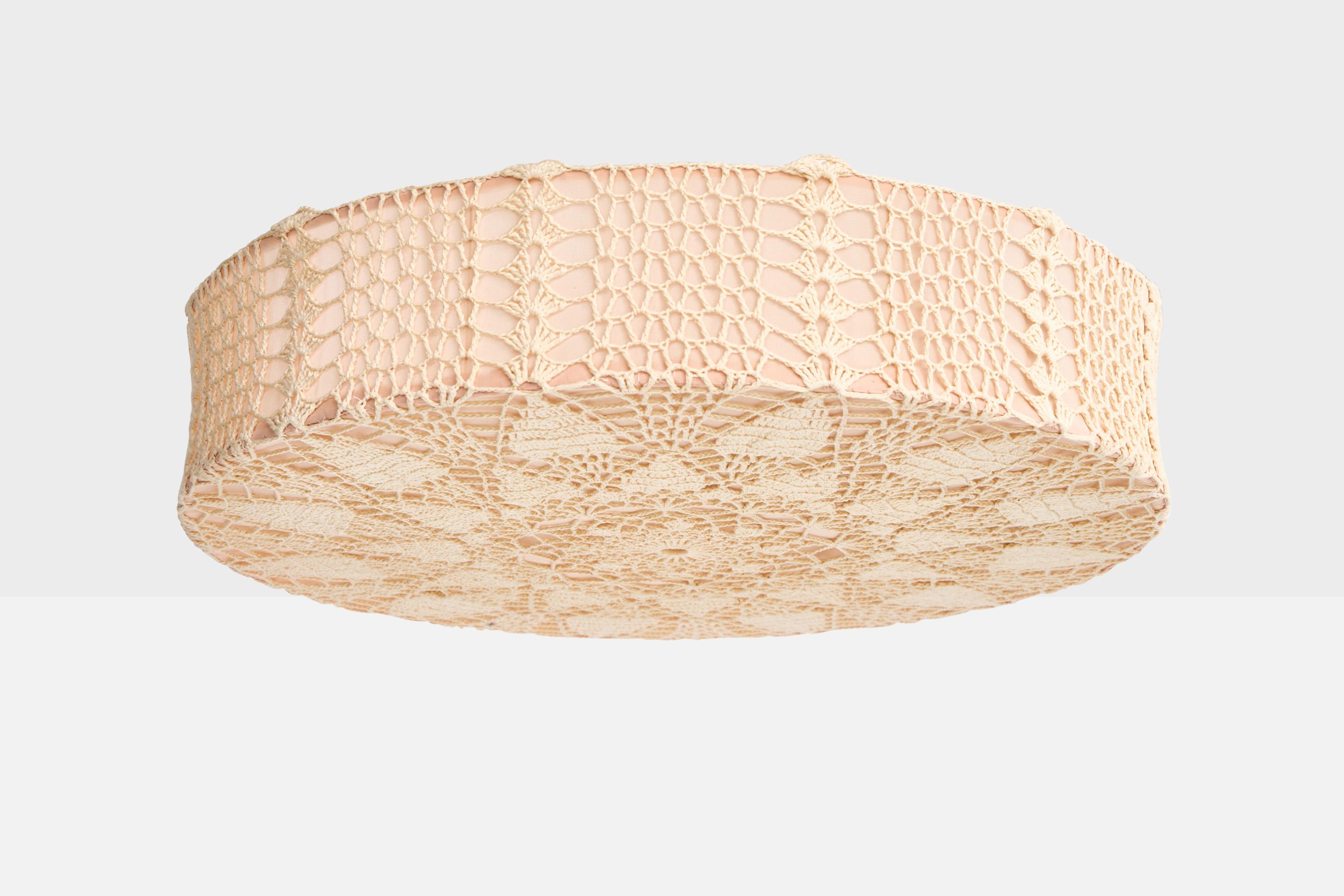A beige embroidery fabric flush mount designed and produced in Sweden, c. 1960s.

Overall Dimensions (inches): 5.125