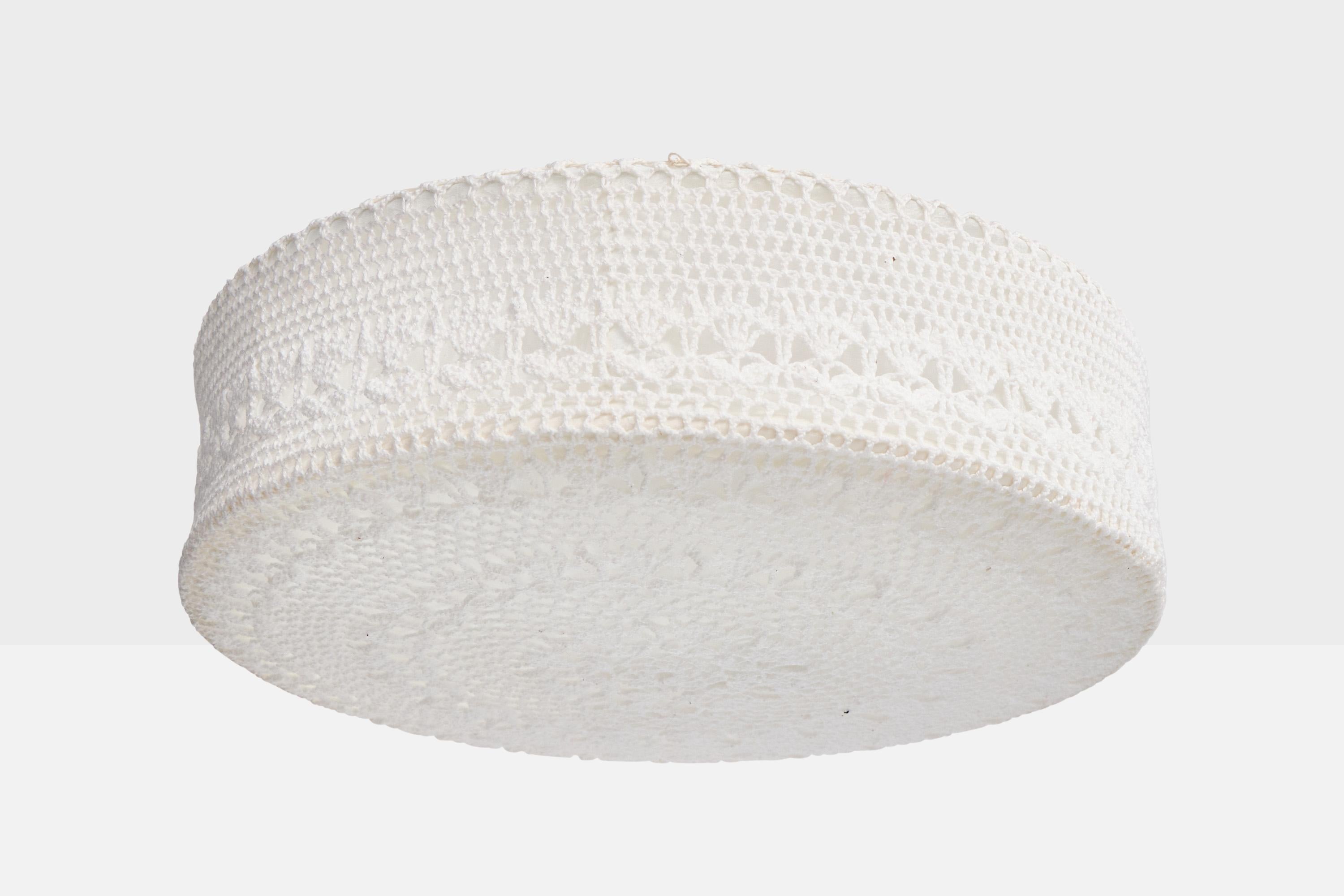 An white embroidery fabric flush mount designed and produced in Sweden, c. 1960s.

Overall Dimensions (inches): 5.25
