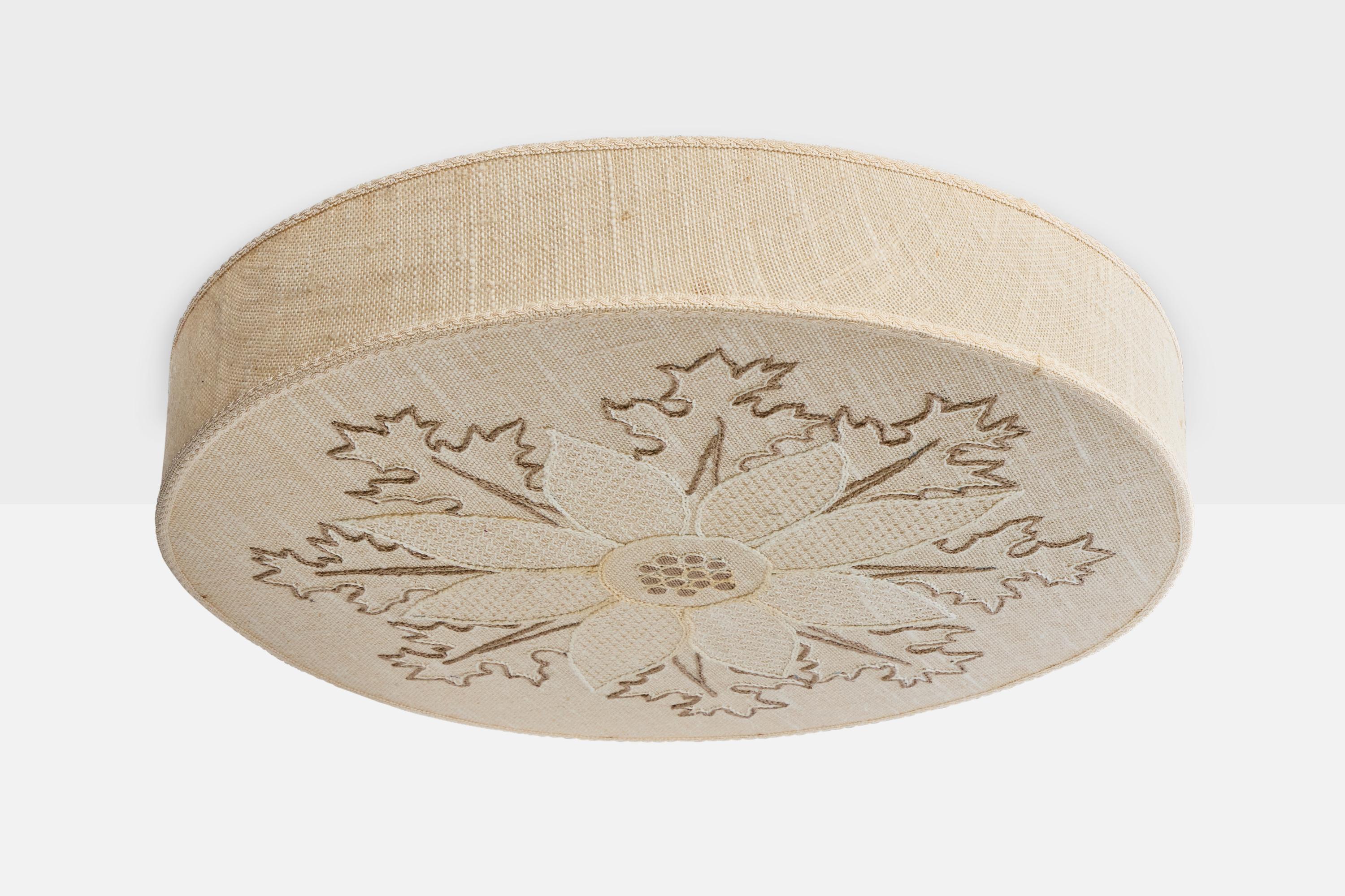 An off-white embroidery fabric flush mount designed and produced in Sweden, c. 1960s.

Overall Dimensions (inches): 5.125