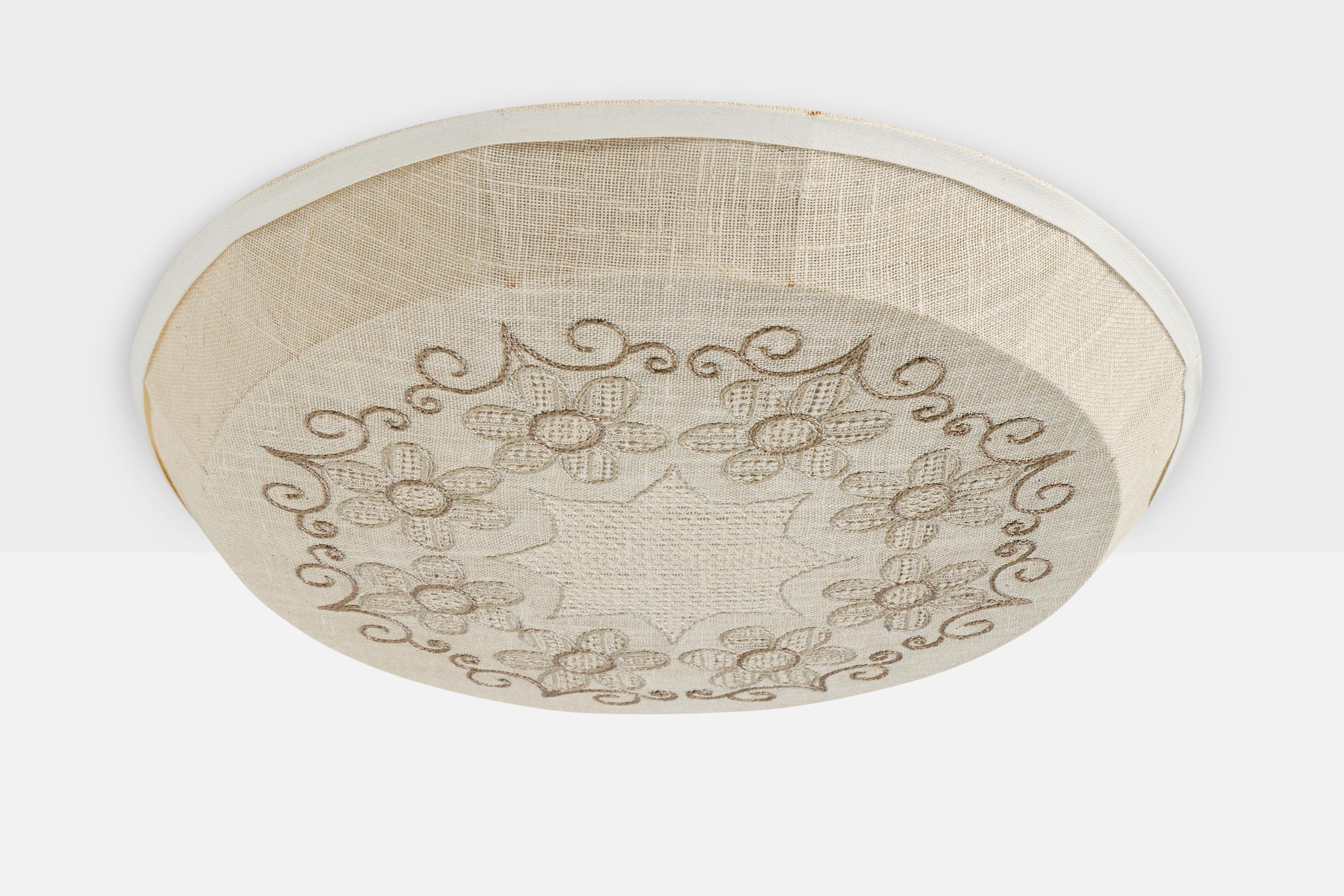 An off-white embroidery fabric flush mount designed and produced in Sweden, c. 1960s.

Overall Dimensions (inches): 3.25
