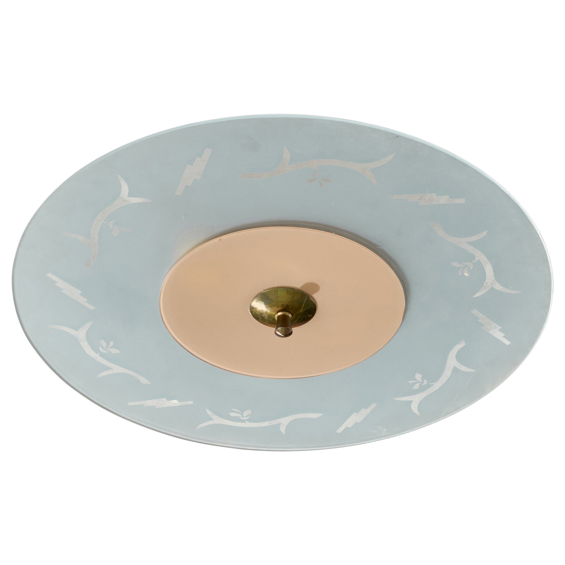 Swedish Designer, Flush Mount, Glass, Brass, Sweden, 1930s For Sale
