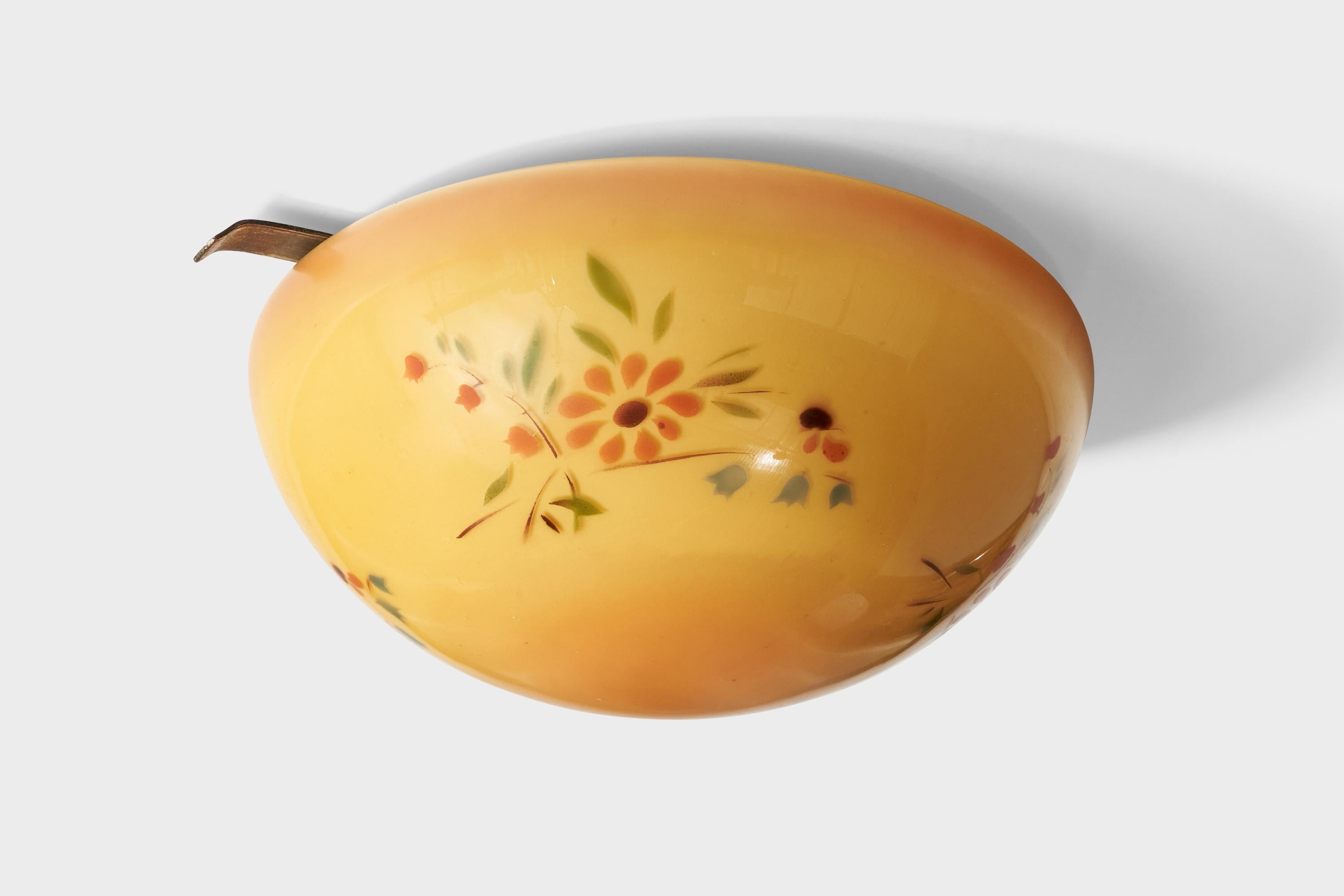 A floral-printed yellow opaline glass and metal flush mount designed and produced in Sweden, c. 1940s.

Overall Dimensions (Inches): 4” H x 8.5” diameter

Bulb Specifications: E-26

Number of Sockets: 1

All lighting will be converted for US usage.