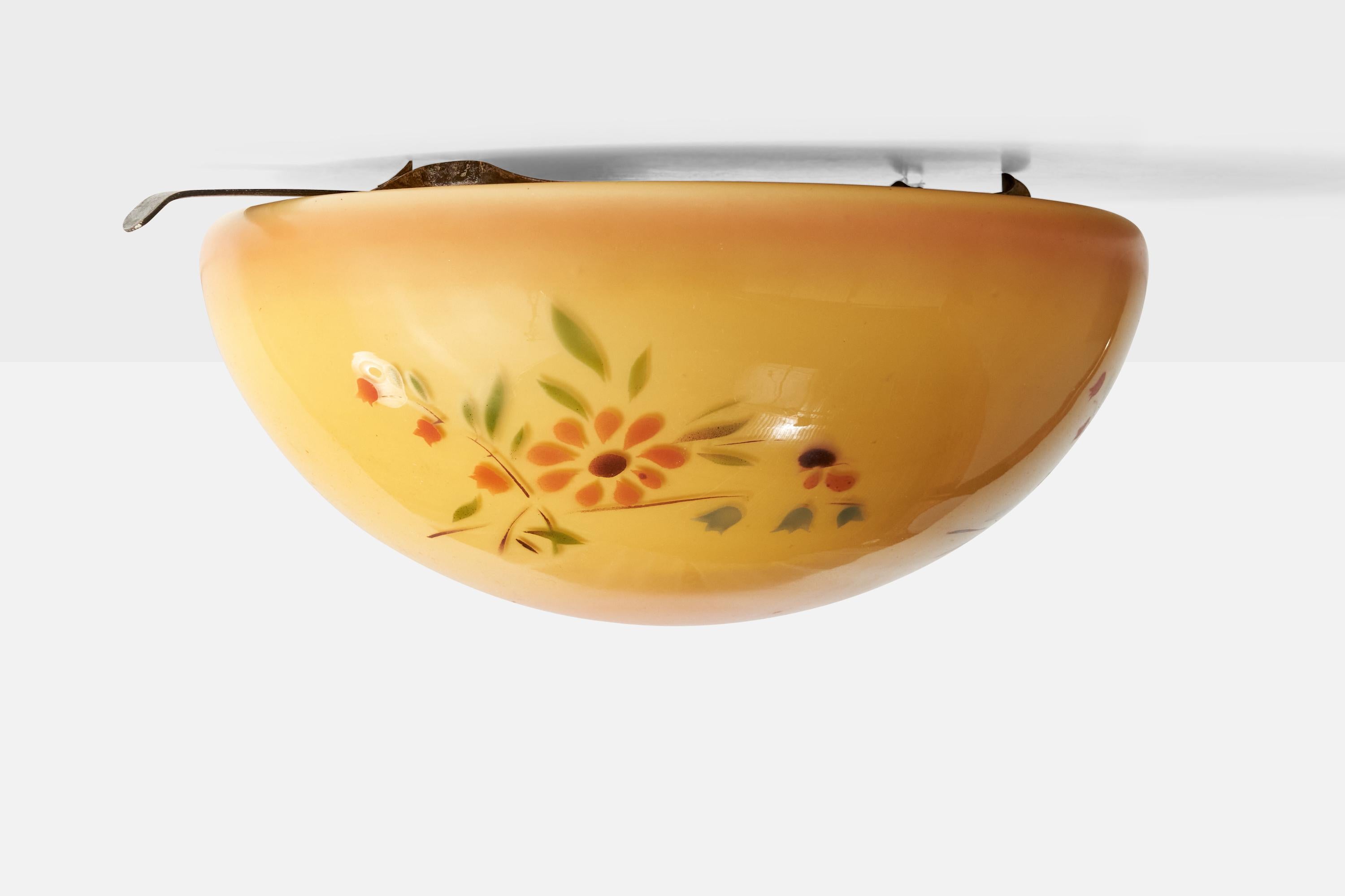 Scandinavian Modern Swedish Designer, Flush Mount, Glass, Metal, Sweden, 1940s