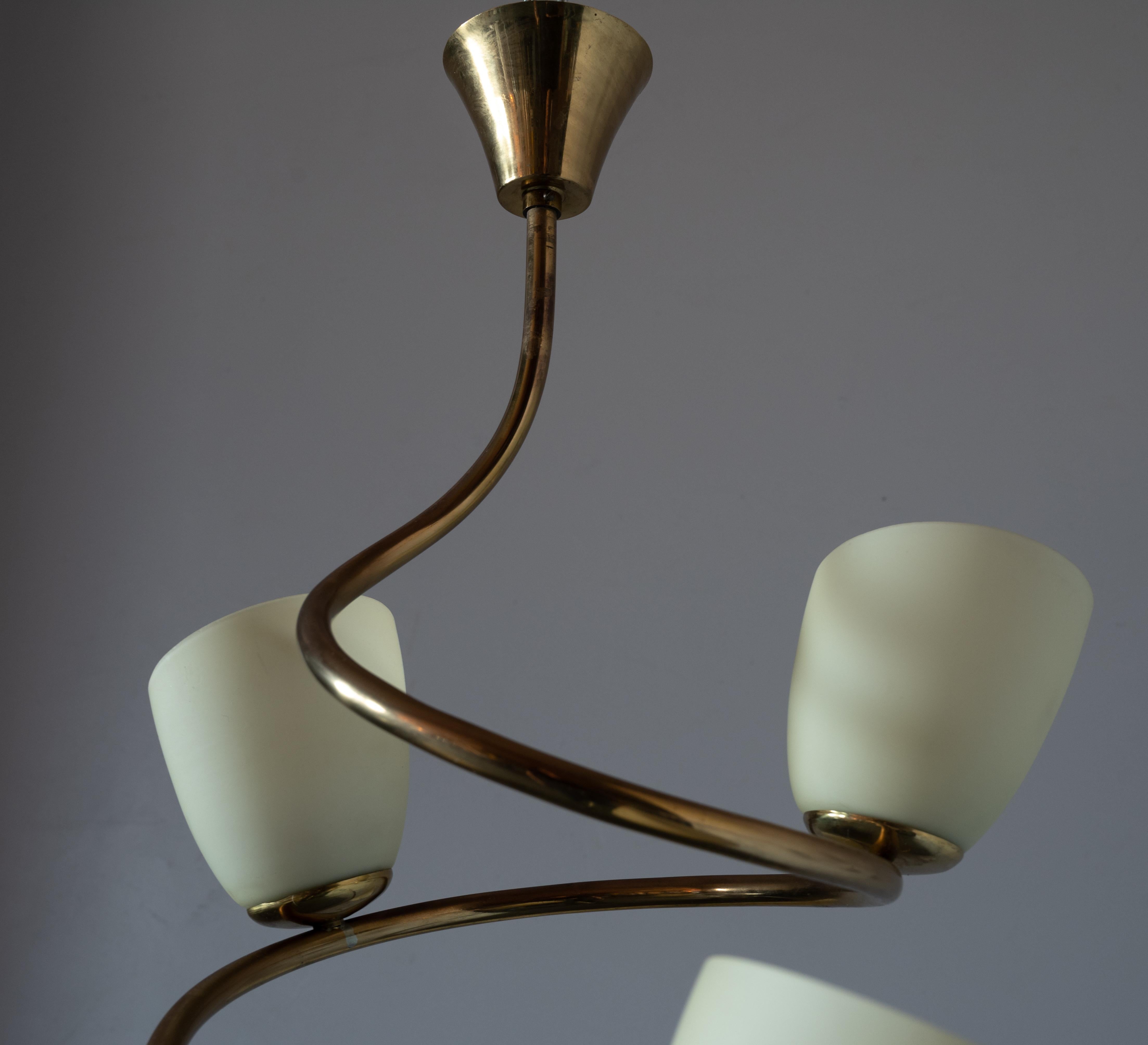 Swedish Designer, Freeform Chandelier Light, Brass, Milk Glass, Sweden, 1940s In Good Condition In High Point, NC
