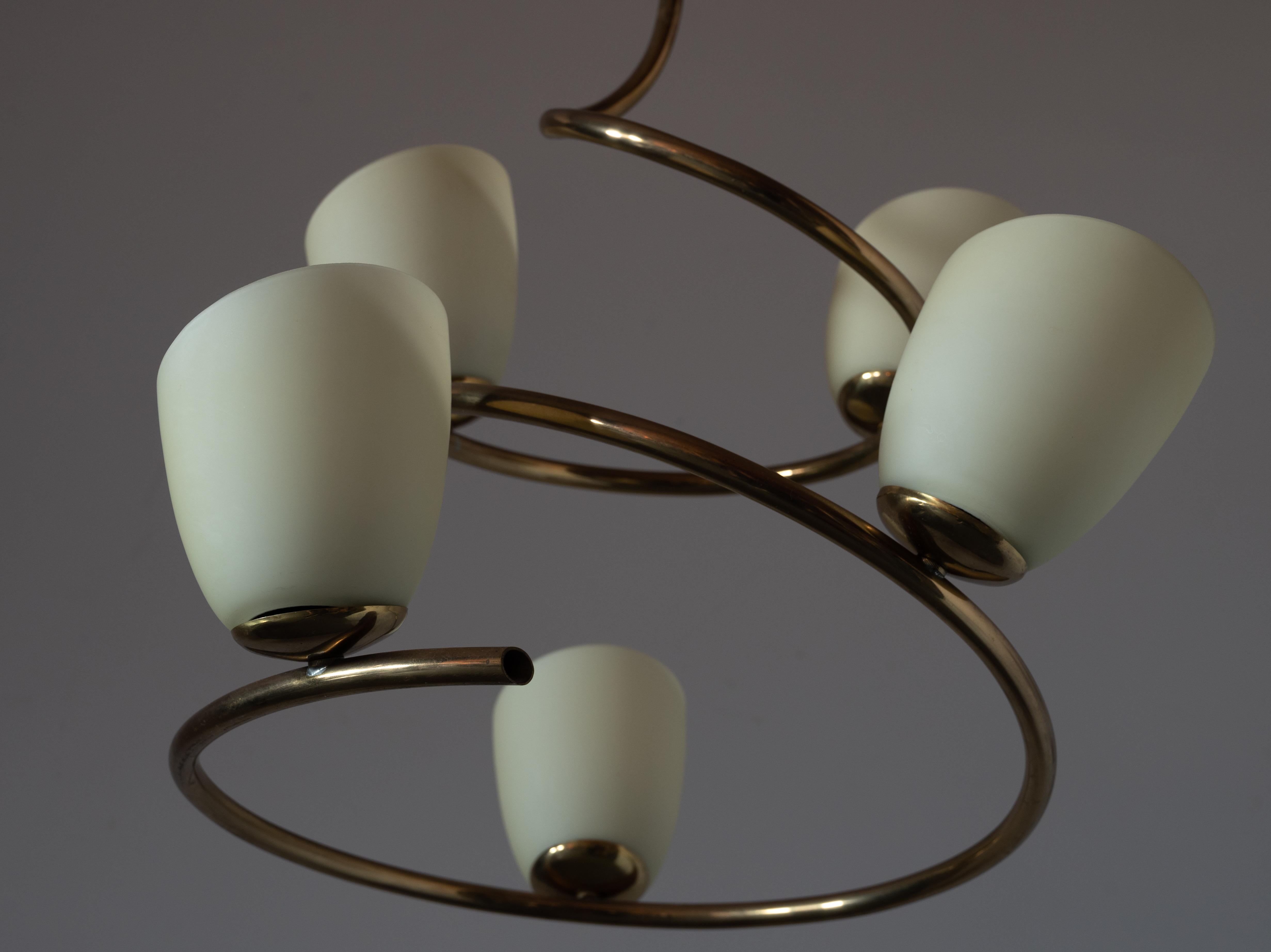 Mid-20th Century Swedish Designer, Freeform Chandelier Light, Brass, Milk Glass, Sweden, 1940s