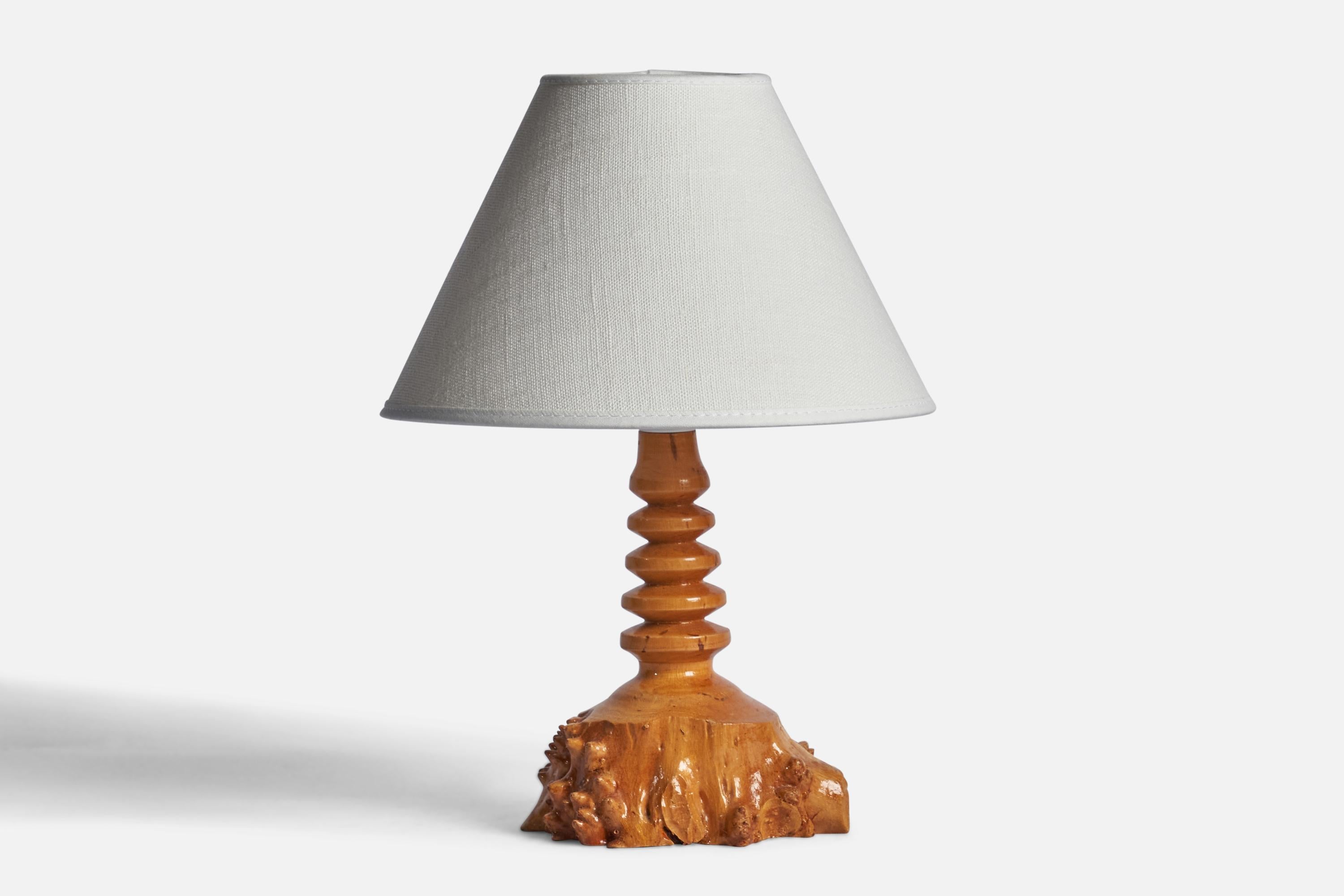A freeform burl wood table lamp designed and produced in Sweden, 1960s.

Dimensions of Lamp (inches): 8” H x 4.85” Diameter
Dimensions of Shade (inches): 3” Top Diameter x 8” Bottom Diameter x 5” H 
Dimensions of Lamp with Shade (inches): 11” H x 8”