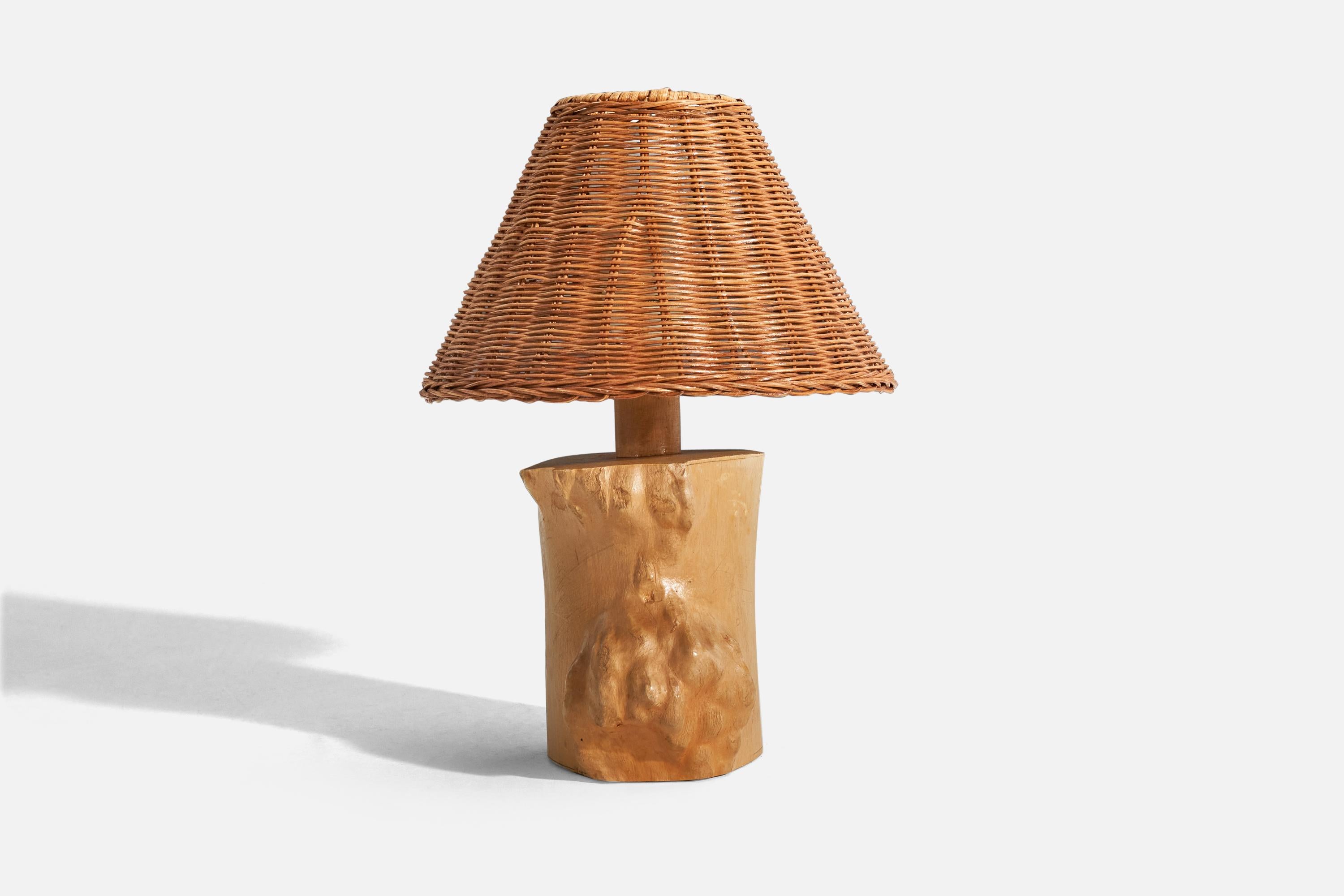 Mid-Century Modern Swedish Designer, Freeform Table Lamp, Wood, Rattan, Sweden, 1963 For Sale