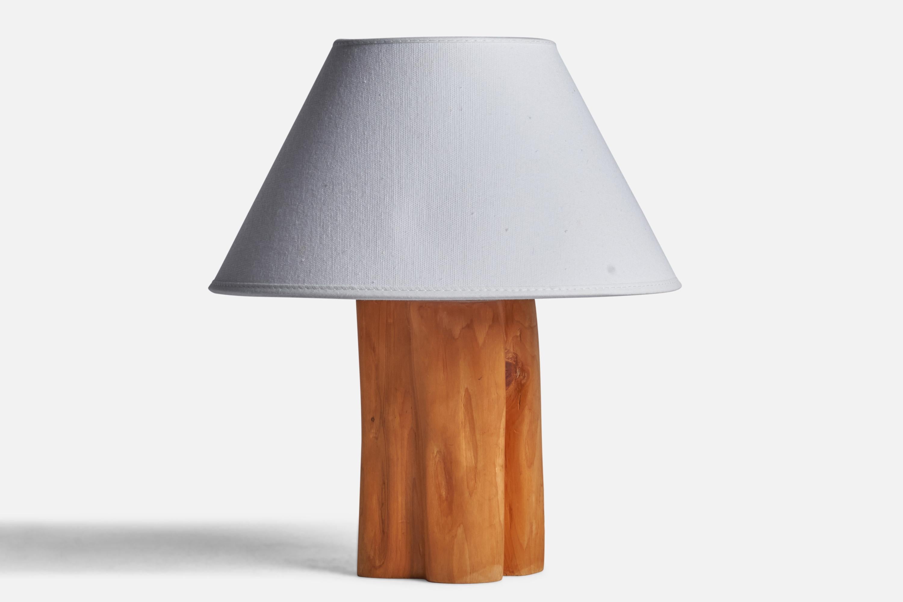 A freeform wood table lamp designed and produced in Sweden, 1971.

Dimensions of Lamp (inches): 8.5” H x 3.5” W x 3.75” D
Dimensions of Shade (inches): 4.5” Top Diameter x 9.75” Bottom Diameter x 5.8” H
Dimensions of Lamp with Shade (inches): 11.5”