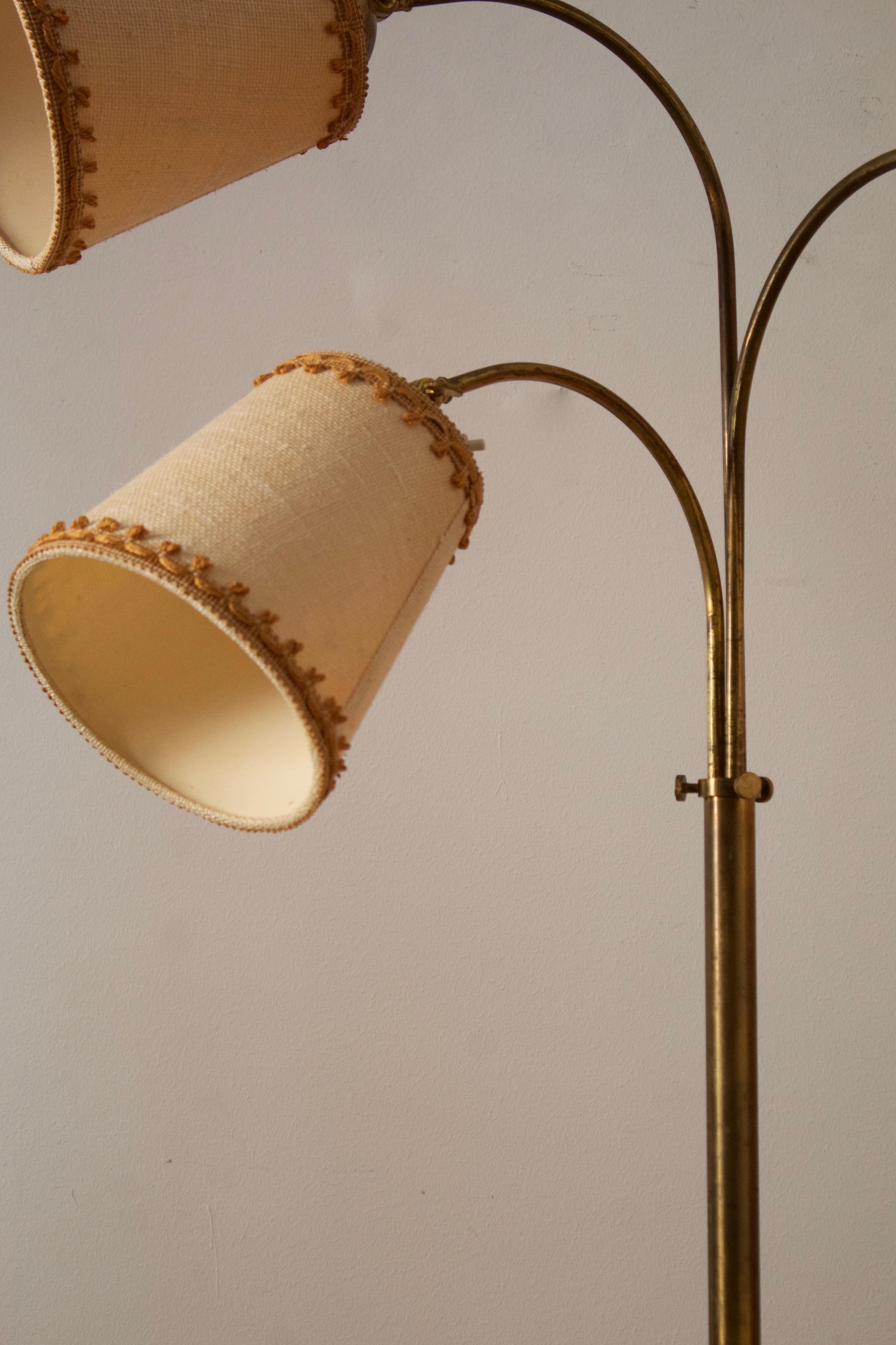 Scandinavian Modern Swedish Designer, Functionalist Floor Lamp, Brass, Fabric, 1940s