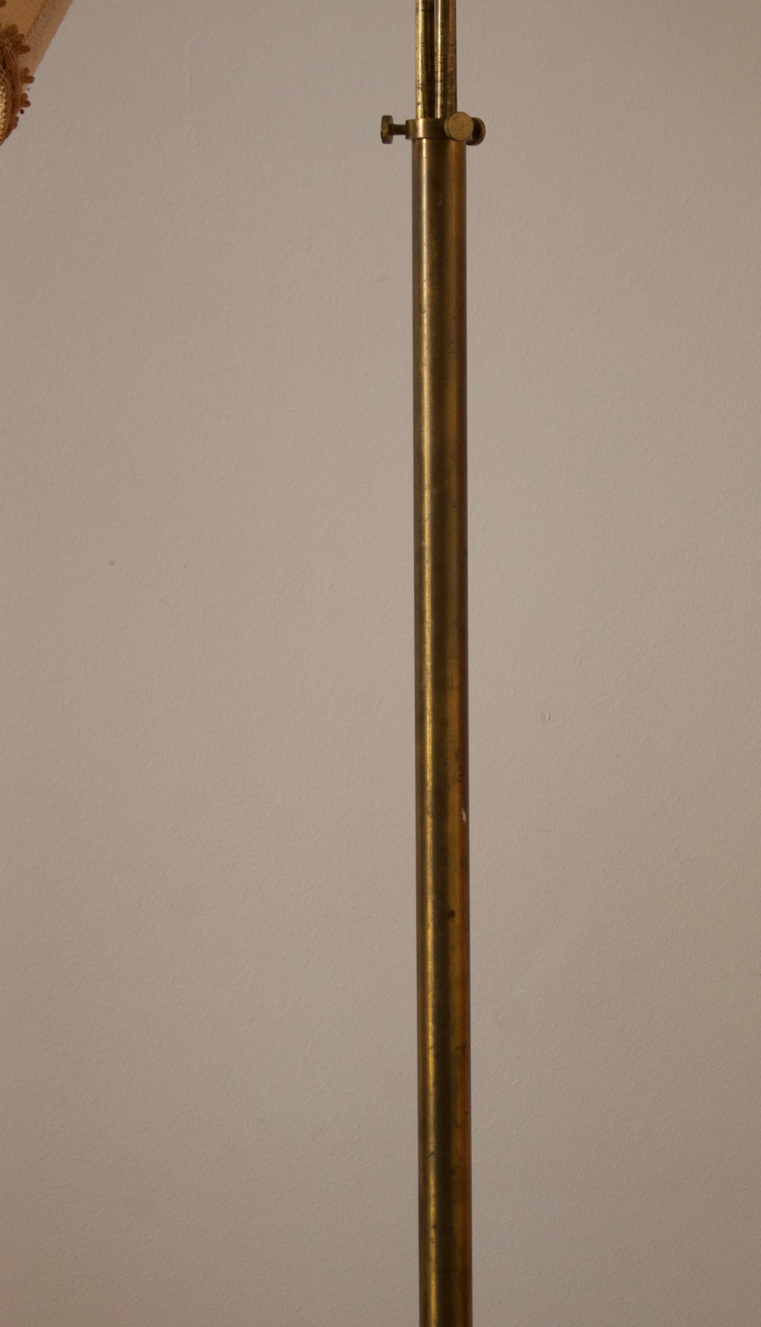 Swedish Designer, Functionalist Floor Lamp, Brass, Fabric, 1940s In Good Condition In High Point, NC