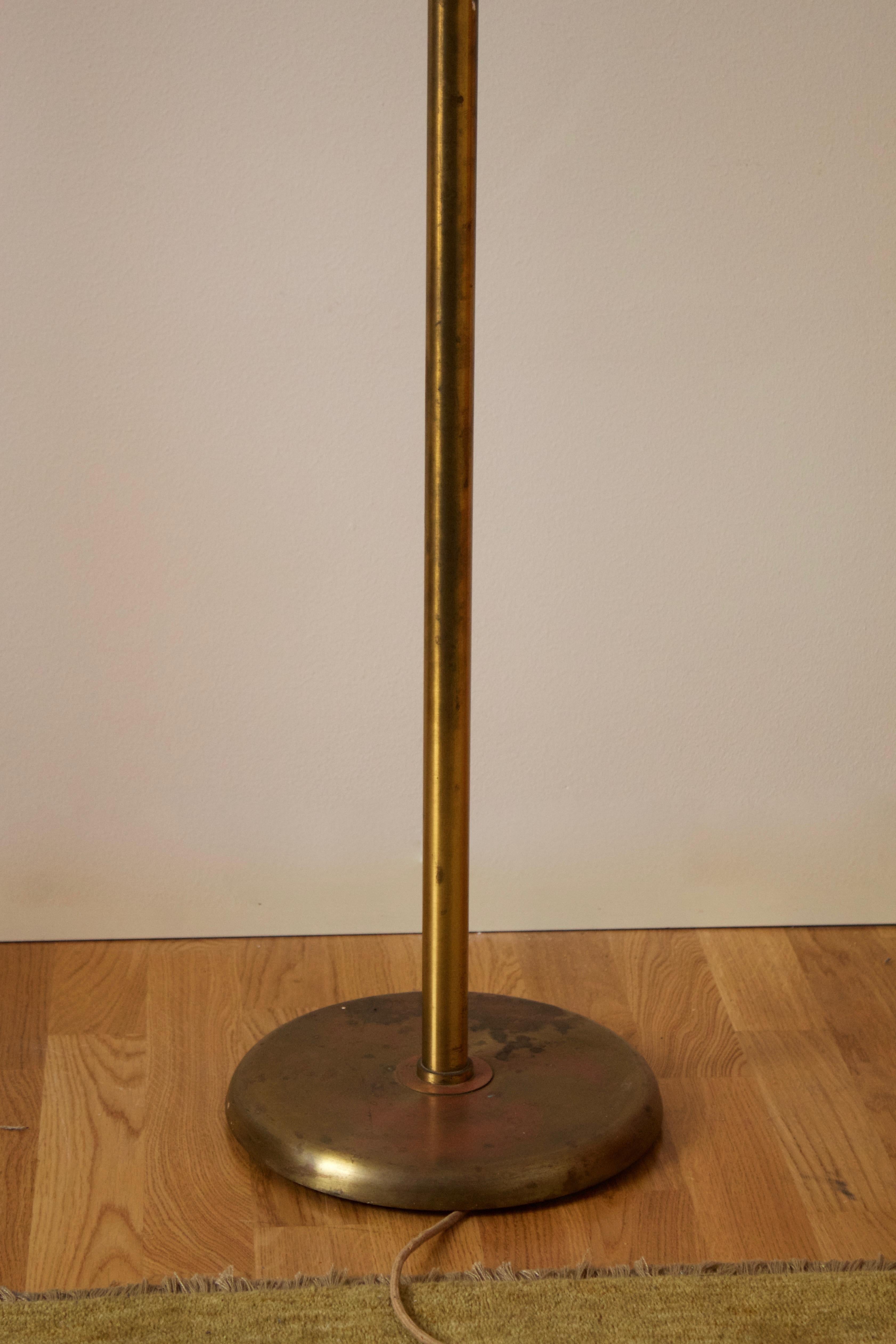 Mid-20th Century Swedish Designer, Functionalist Floor Lamp, Brass, Fabric, 1940s