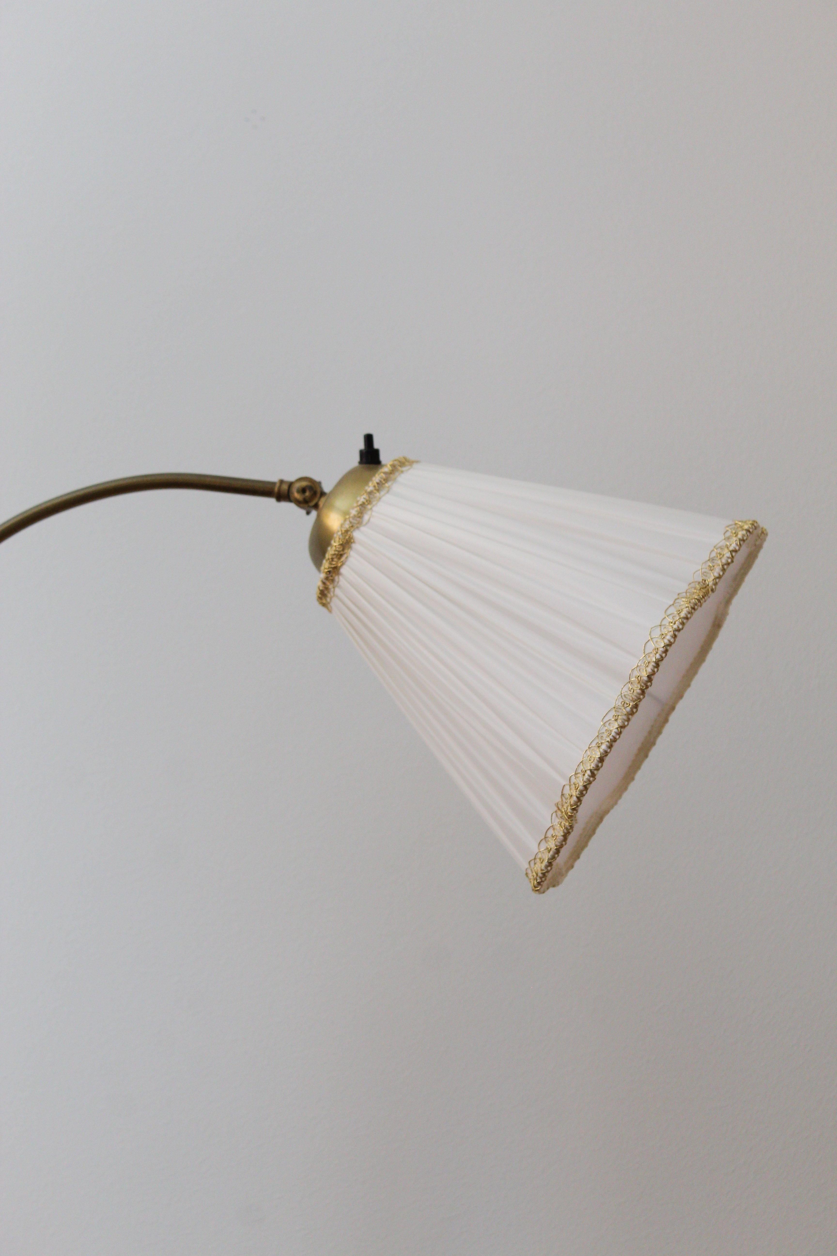 Swedish Designer, Functionalist Floor Lamp, Brass, Wood, Fabric, 1940s In Good Condition In High Point, NC