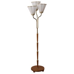 Swedish Designer, Functionalist Floor Lamp, Brass, Wood, Fabric, 1940s