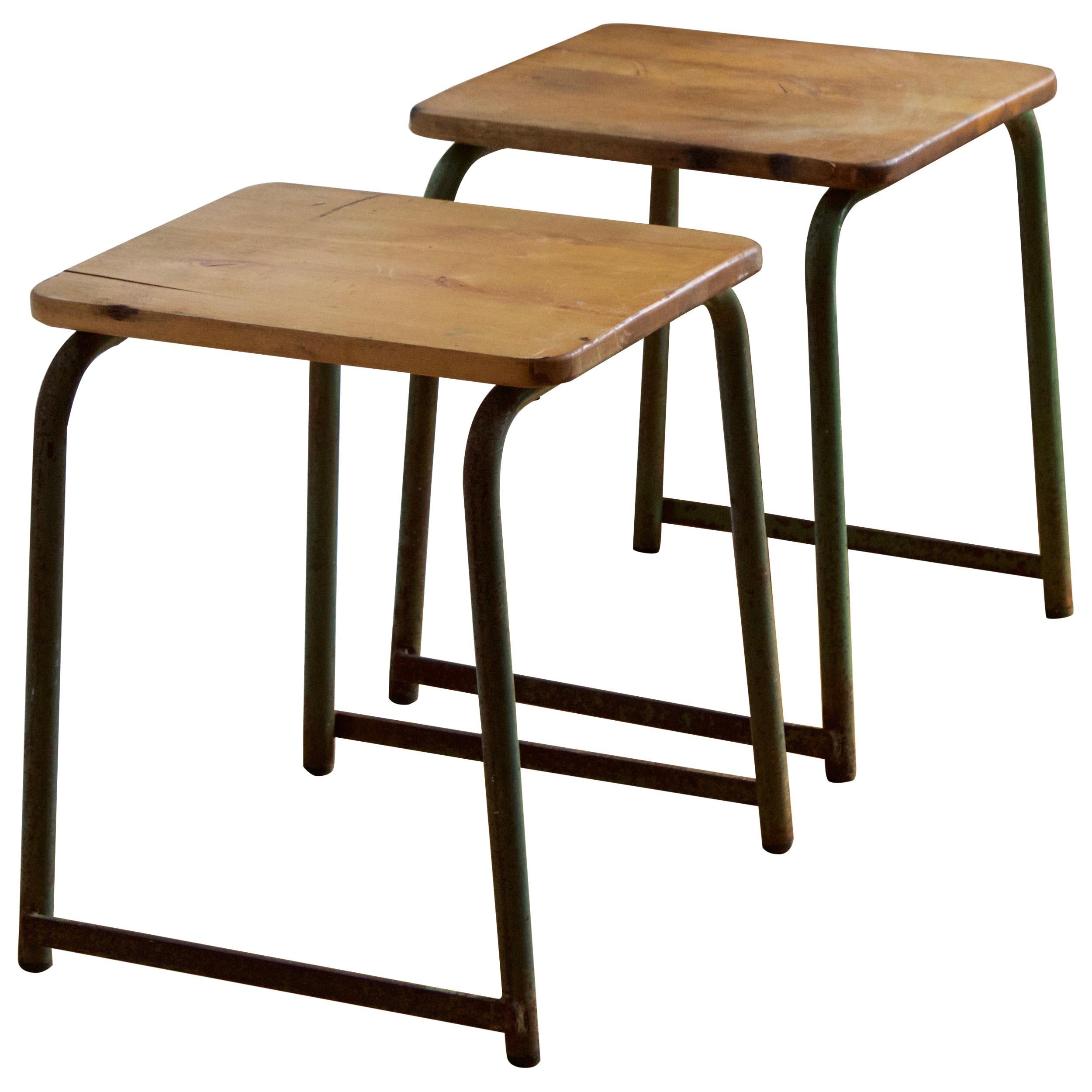 Swedish Designer, Stools, Oak, Green Painted Metal, Sweden, 1940s For