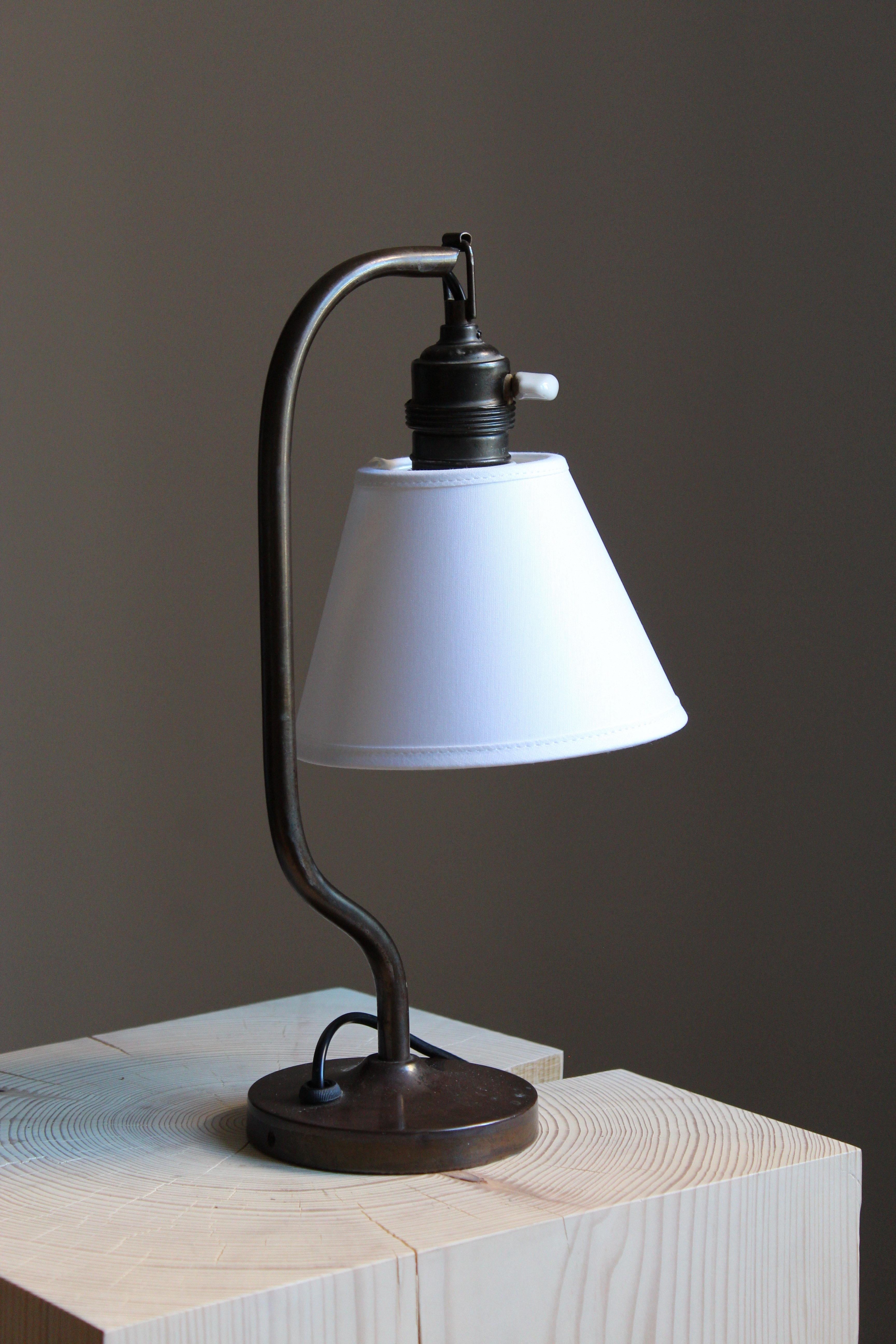 Scandinavian Modern Swedish Designer, Functionalist Table Lamp, Patinated Brass, Fabric, 1940s
