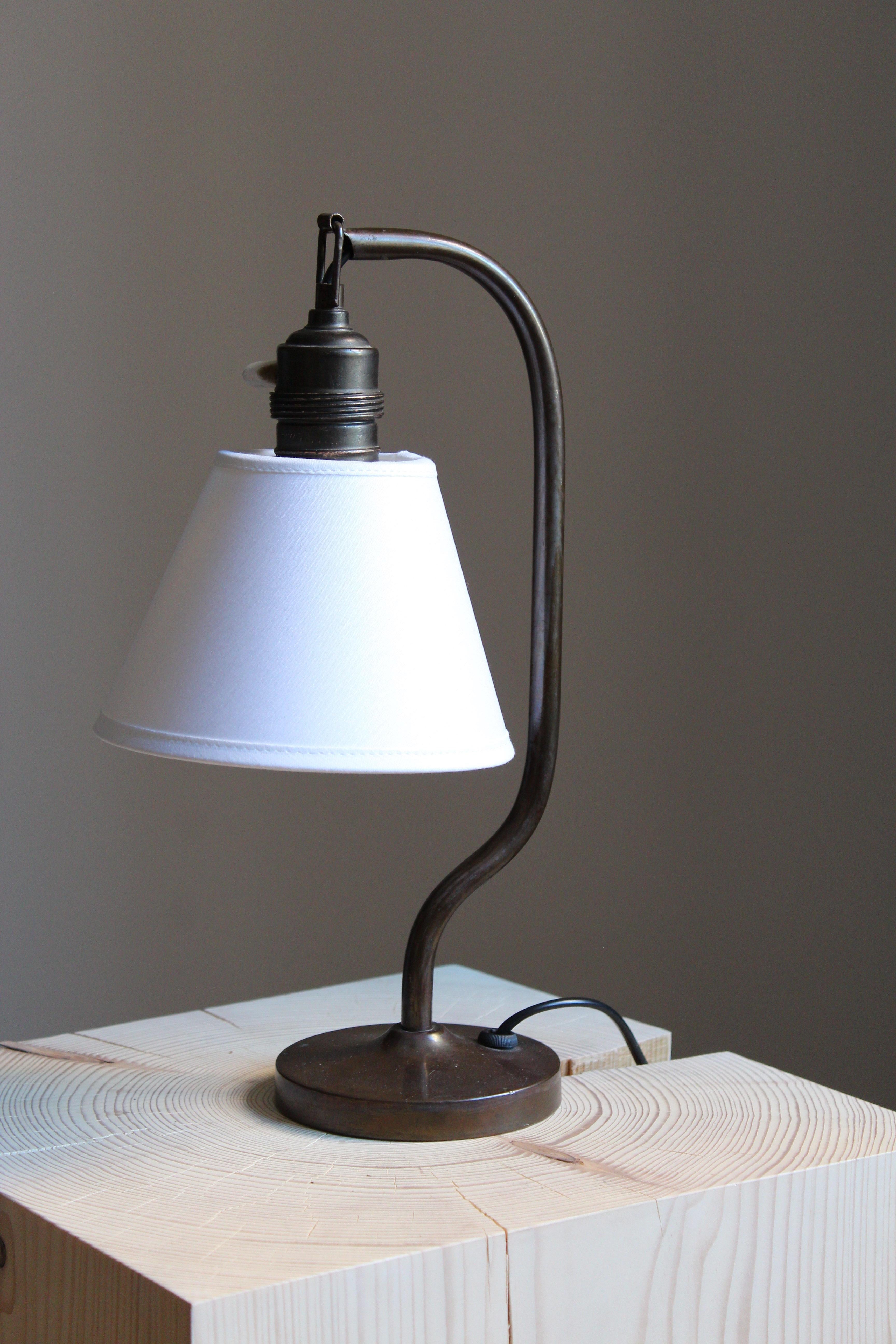 Swedish Designer, Functionalist Table Lamp, Patinated Brass, Fabric, 1940s In Good Condition In High Point, NC