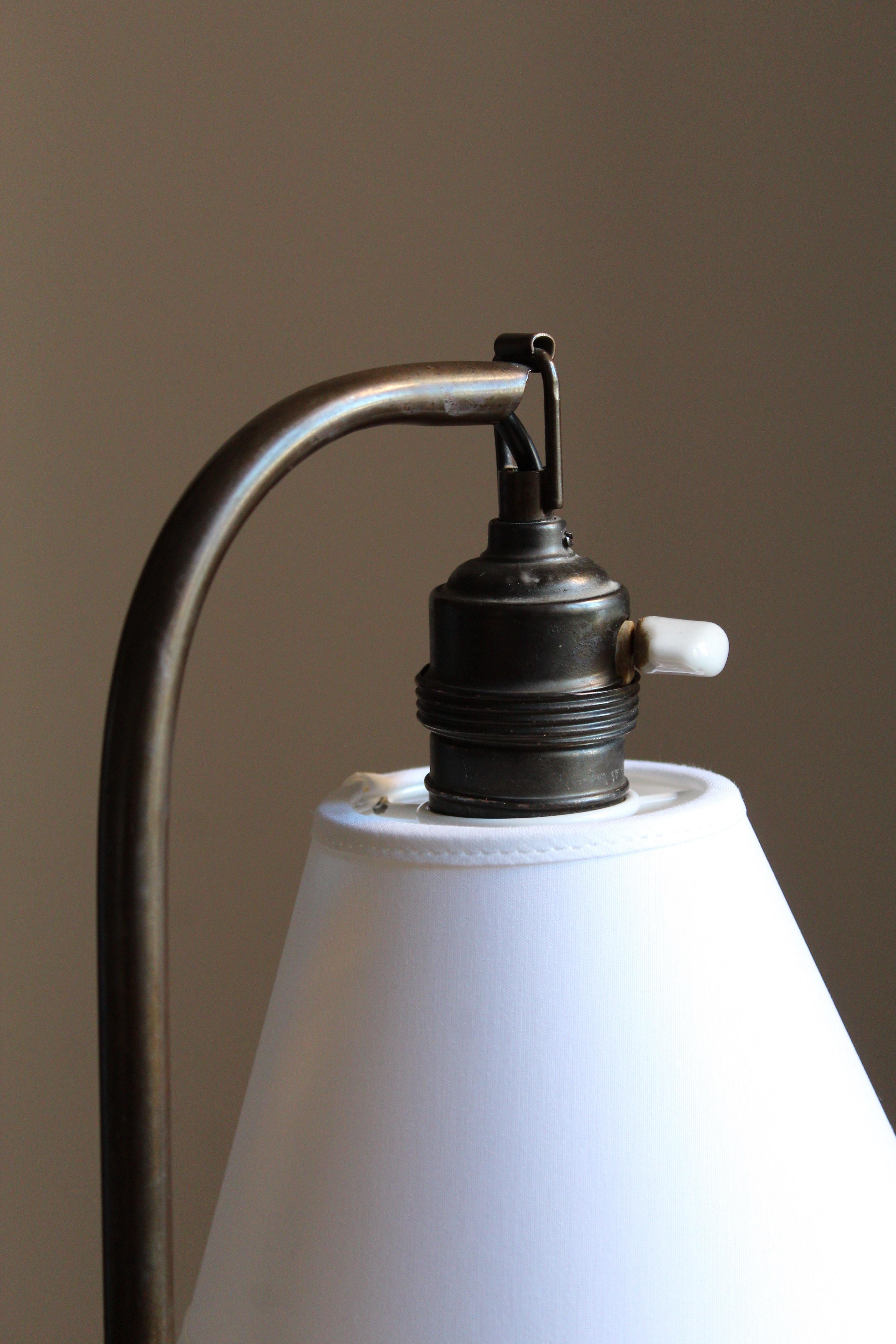Mid-20th Century Swedish Designer, Functionalist Table Lamp, Patinated Brass, Fabric, 1940s