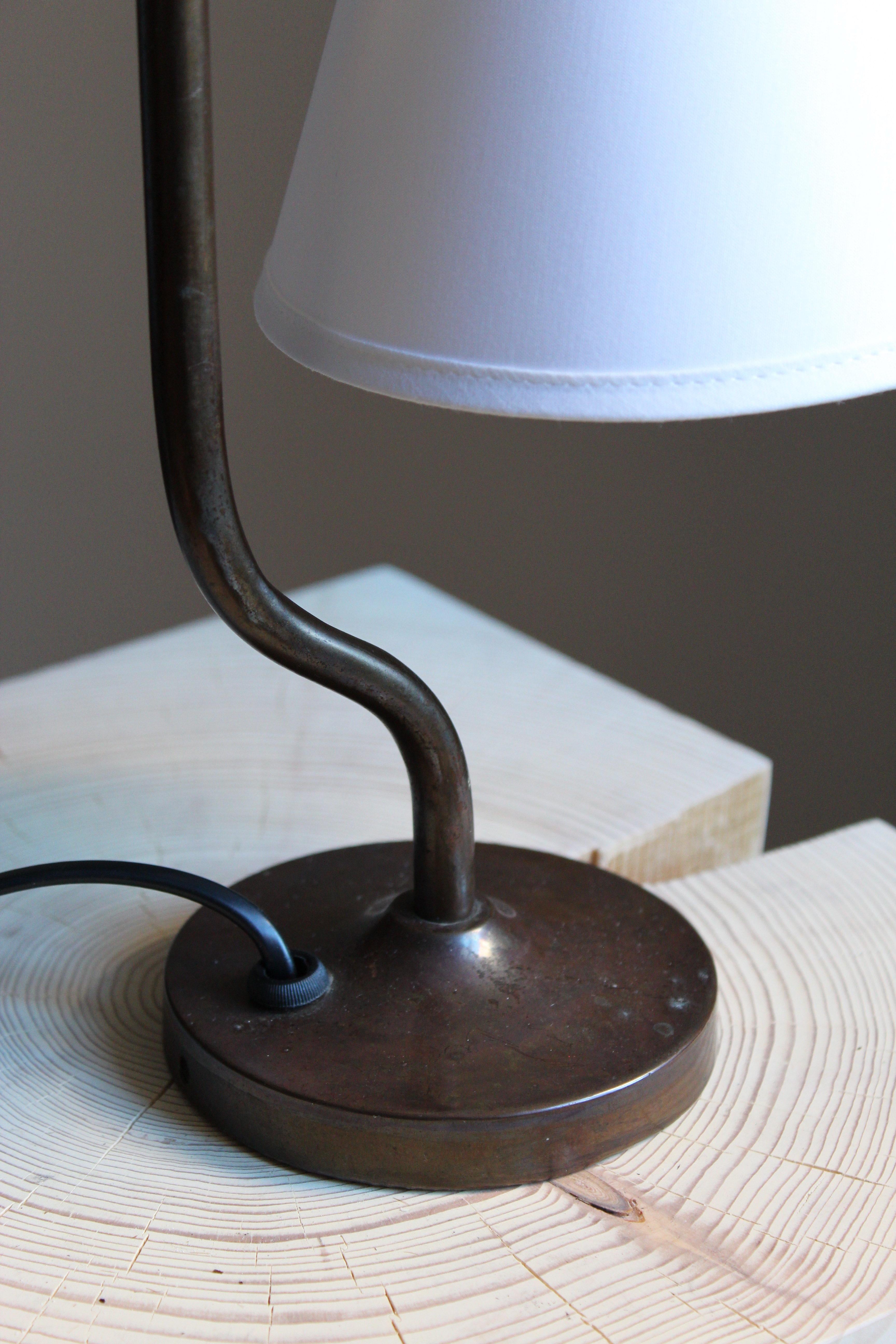 Swedish Designer, Functionalist Table Lamp, Patinated Brass, Fabric, 1940s 1