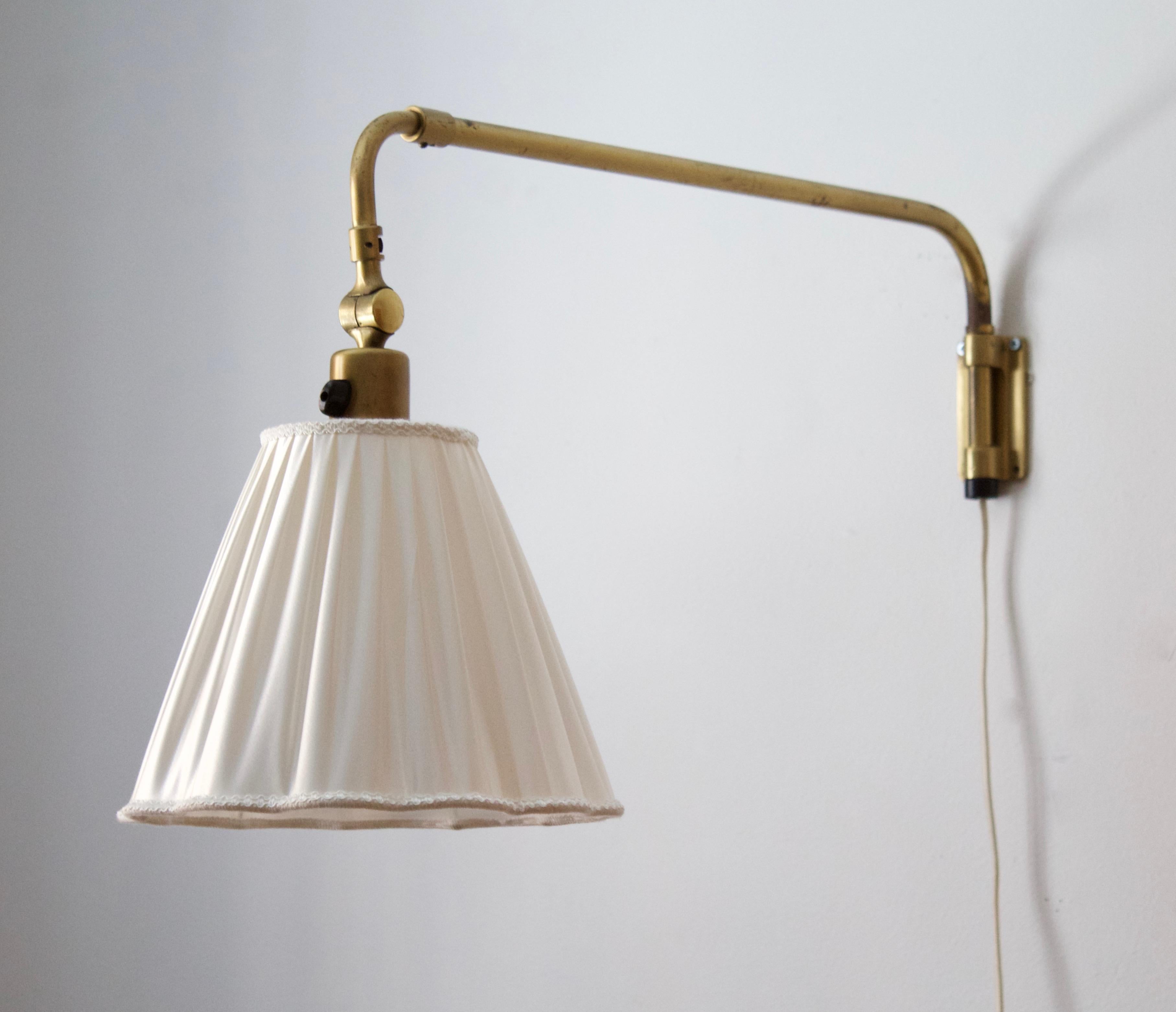 Swedish Designer, Functionalist Wall Light, Brass, Fabric, Sweden ...