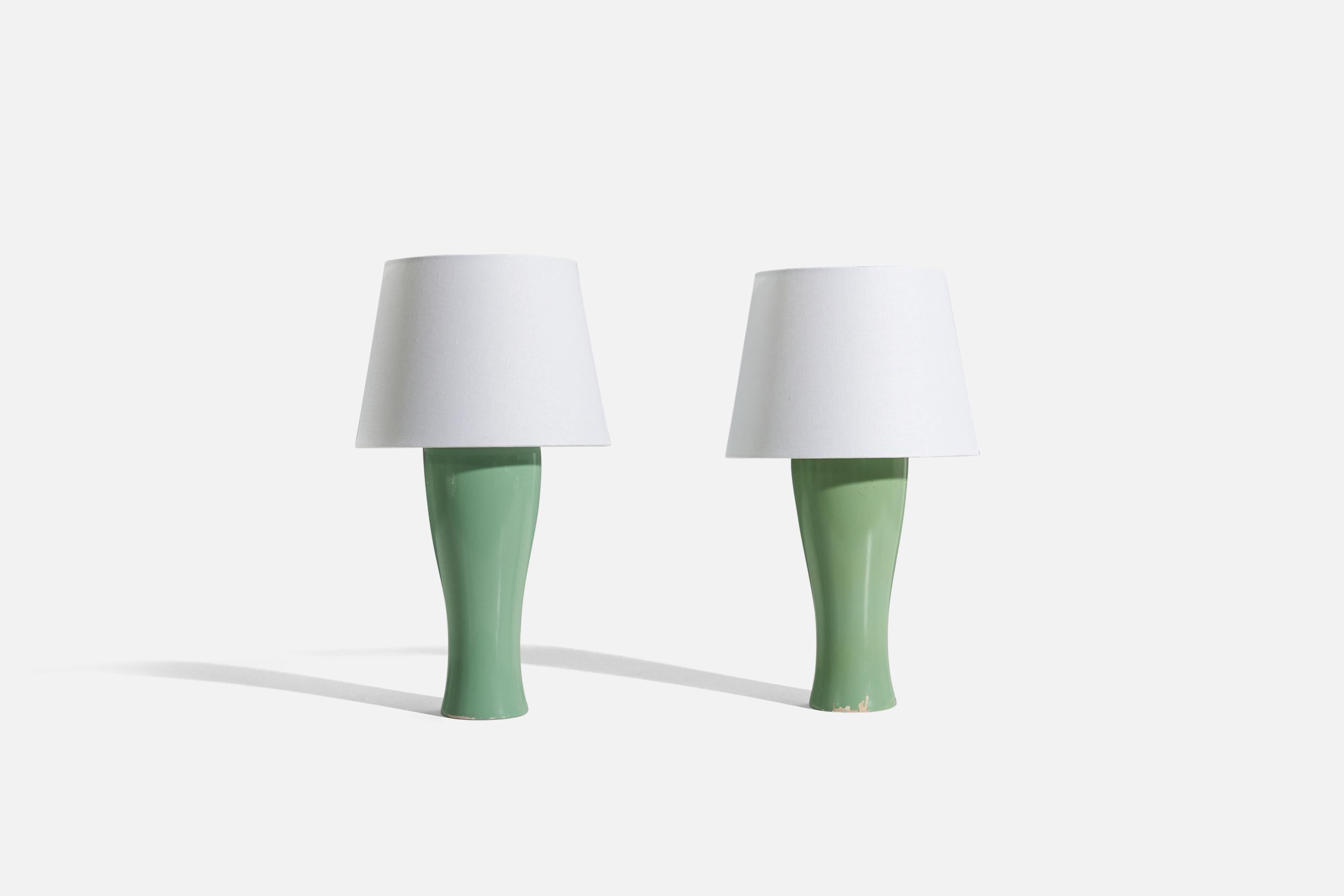 Mid-Century Modern Swedish Designer, Green Table Lamps, Lacquered Wood, Sweden, c. 1970s For Sale