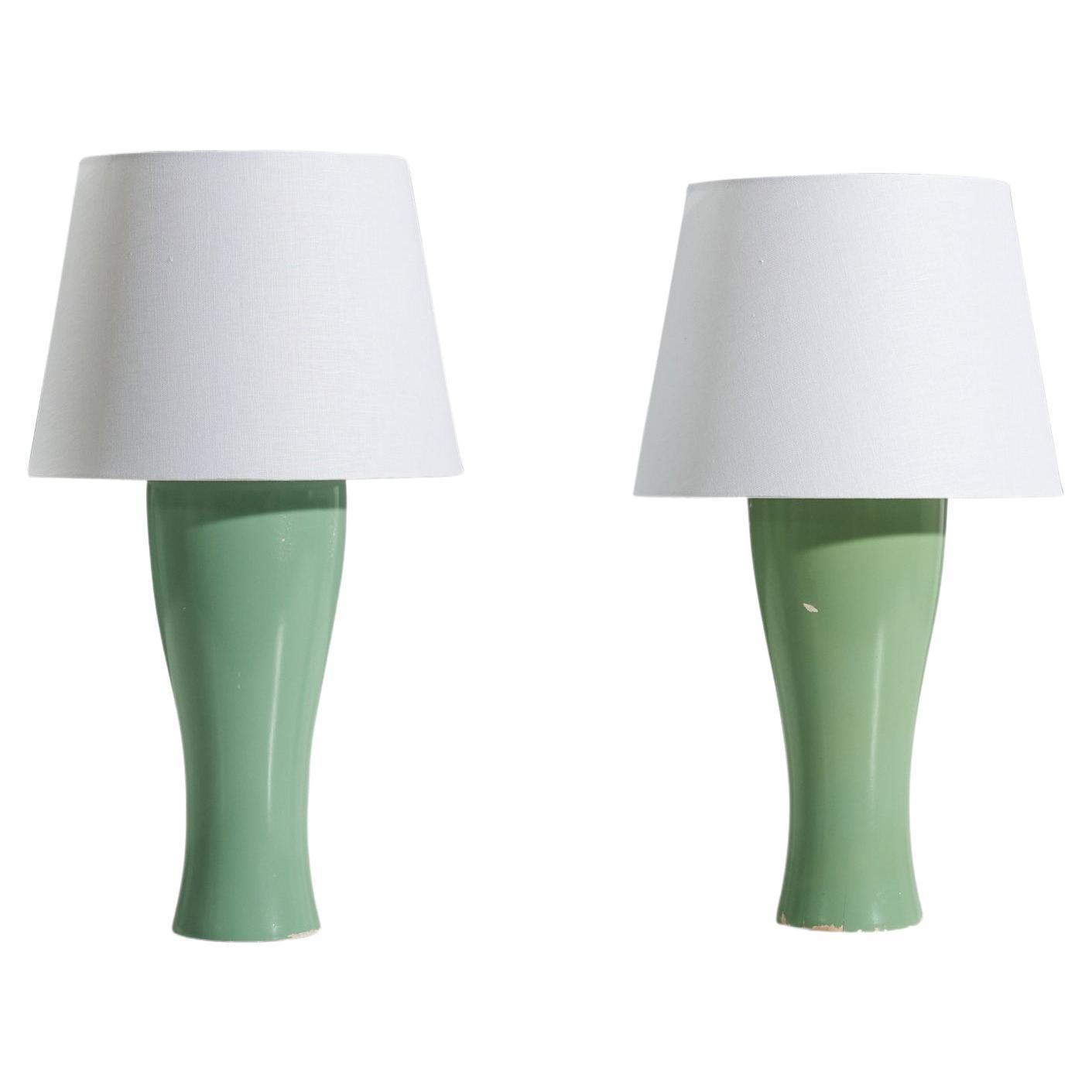 Swedish Designer, Green Table Lamps, Lacquered Wood, Sweden, c. 1970s
